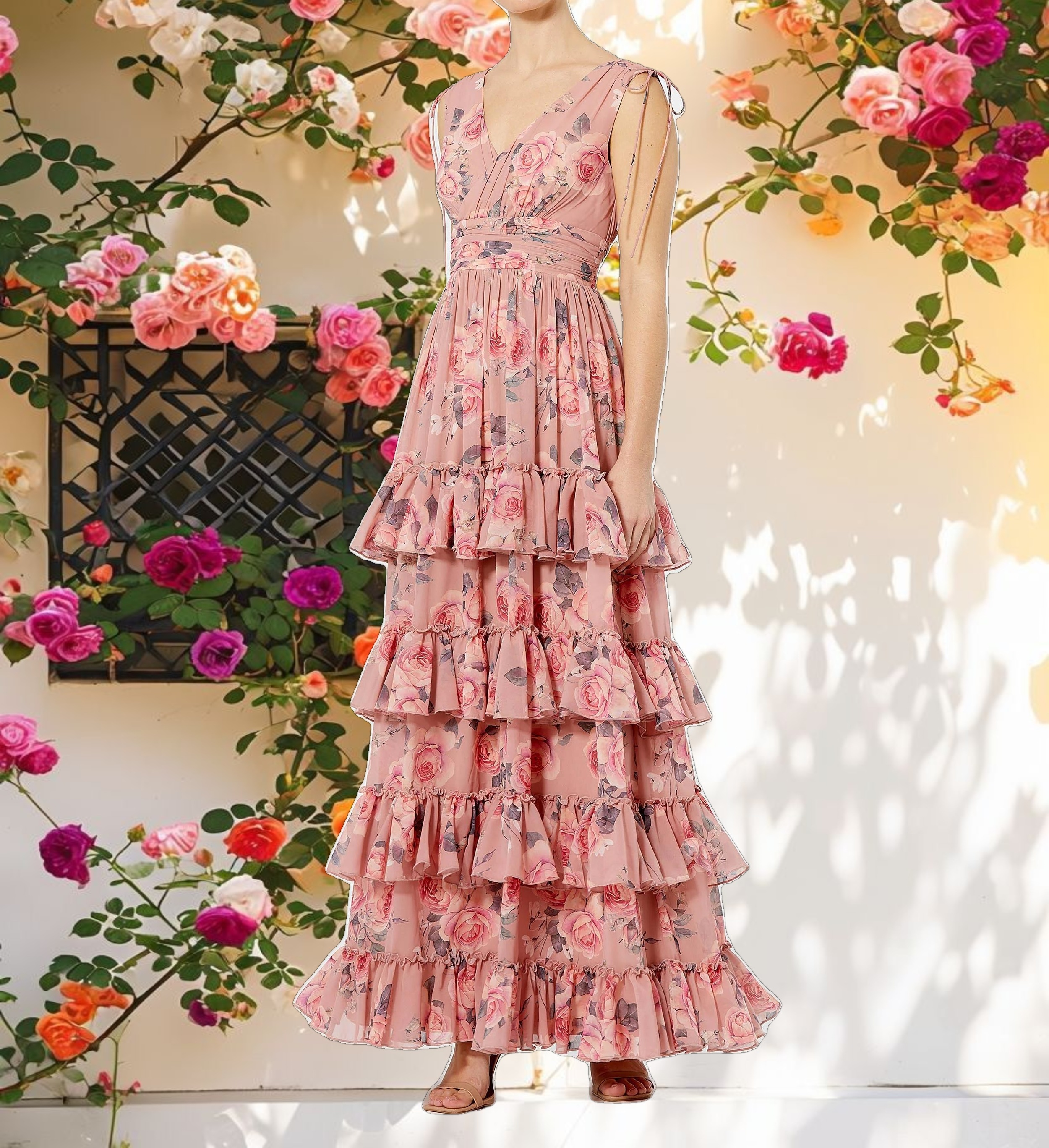 Pink Drawstring Shoulder Chiffon Tiered Floral Dress