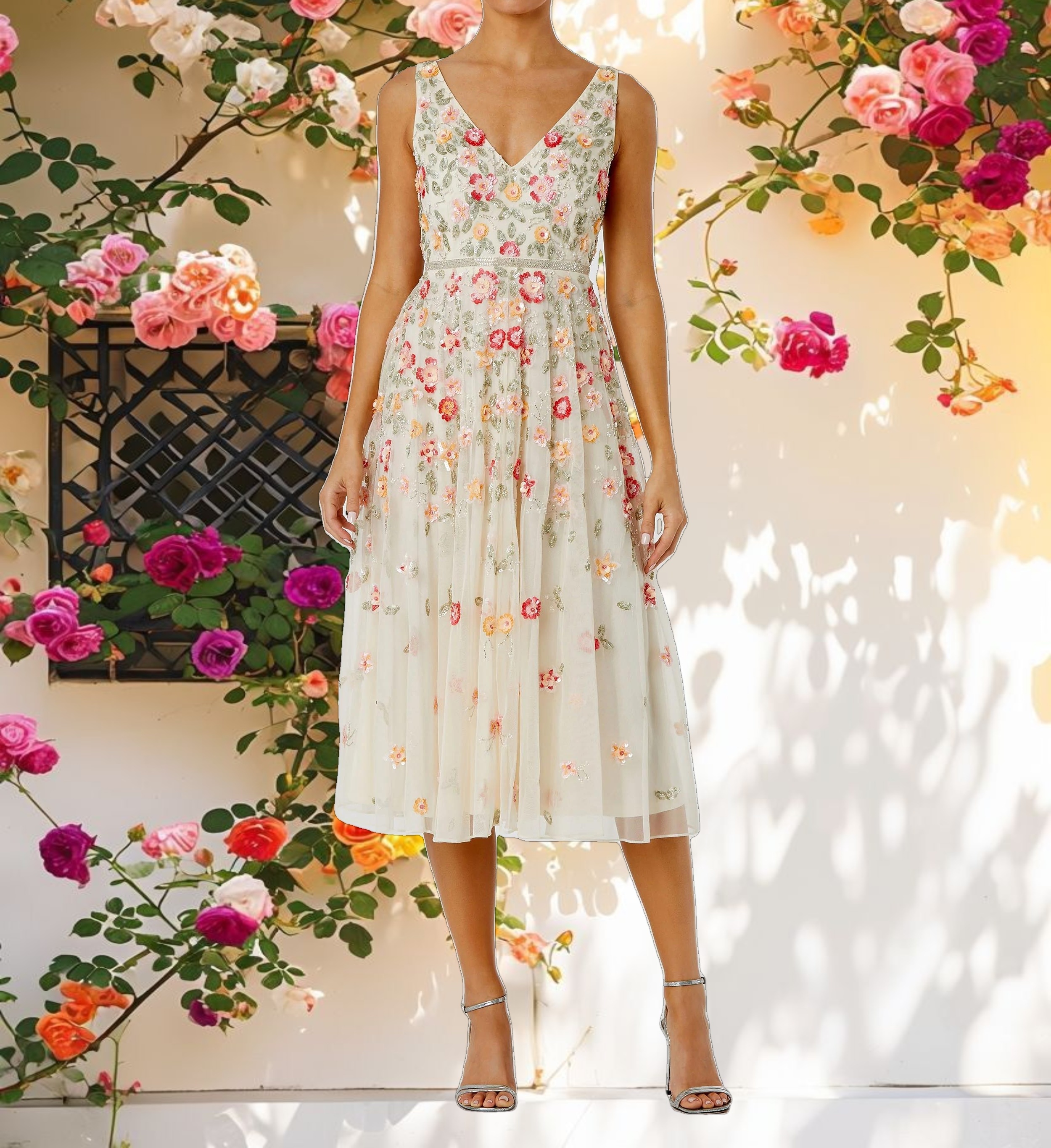 V-neck Sleeveless Midi Floral Beaded A line Dress