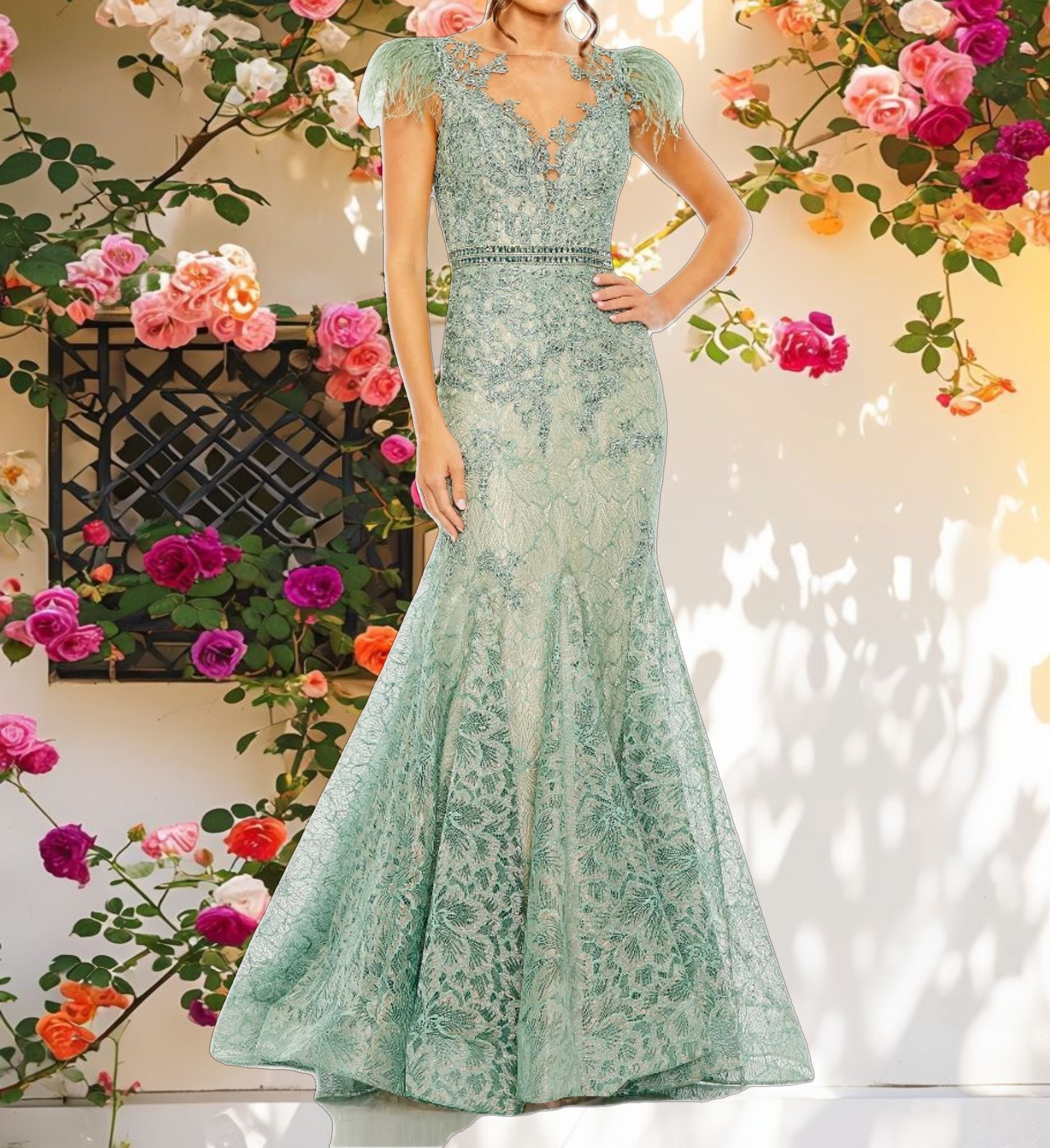 Stitched Feather Sleeve Gown