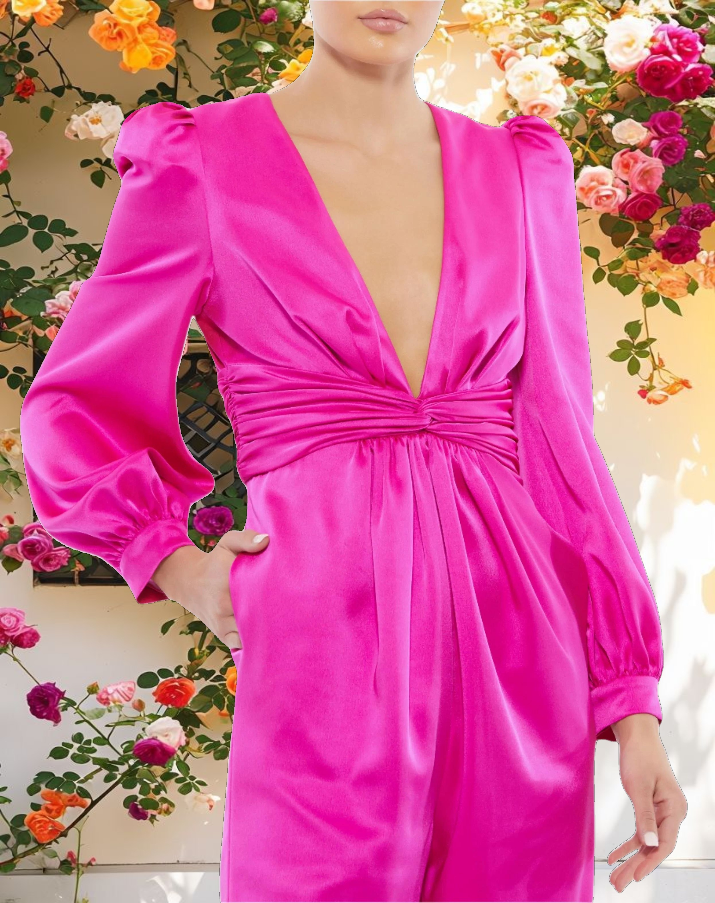 Puff Sleeve Deep V Jumpsuit