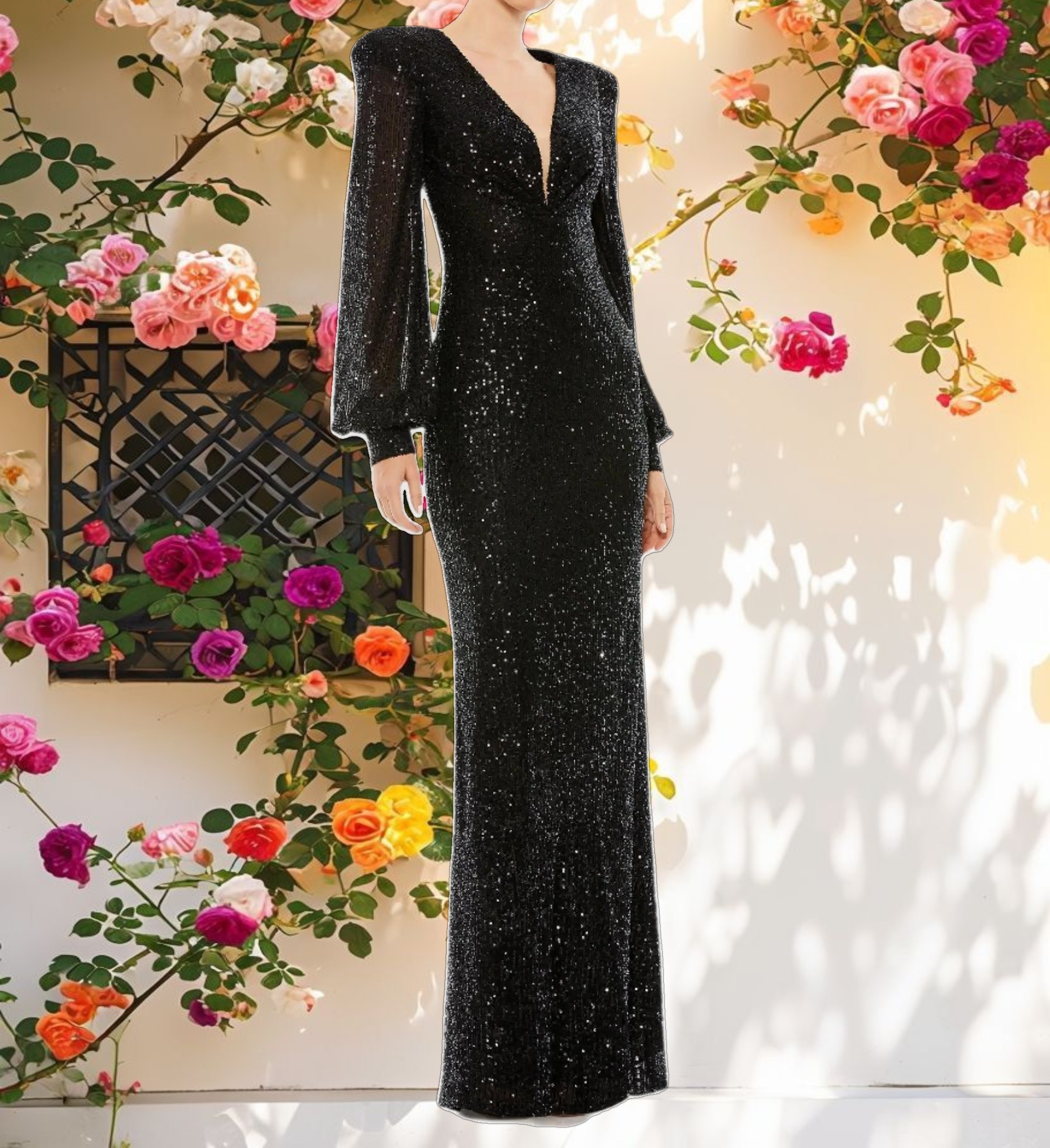 Sequined Plunge Neck Structured Bishop Sleeve Gown