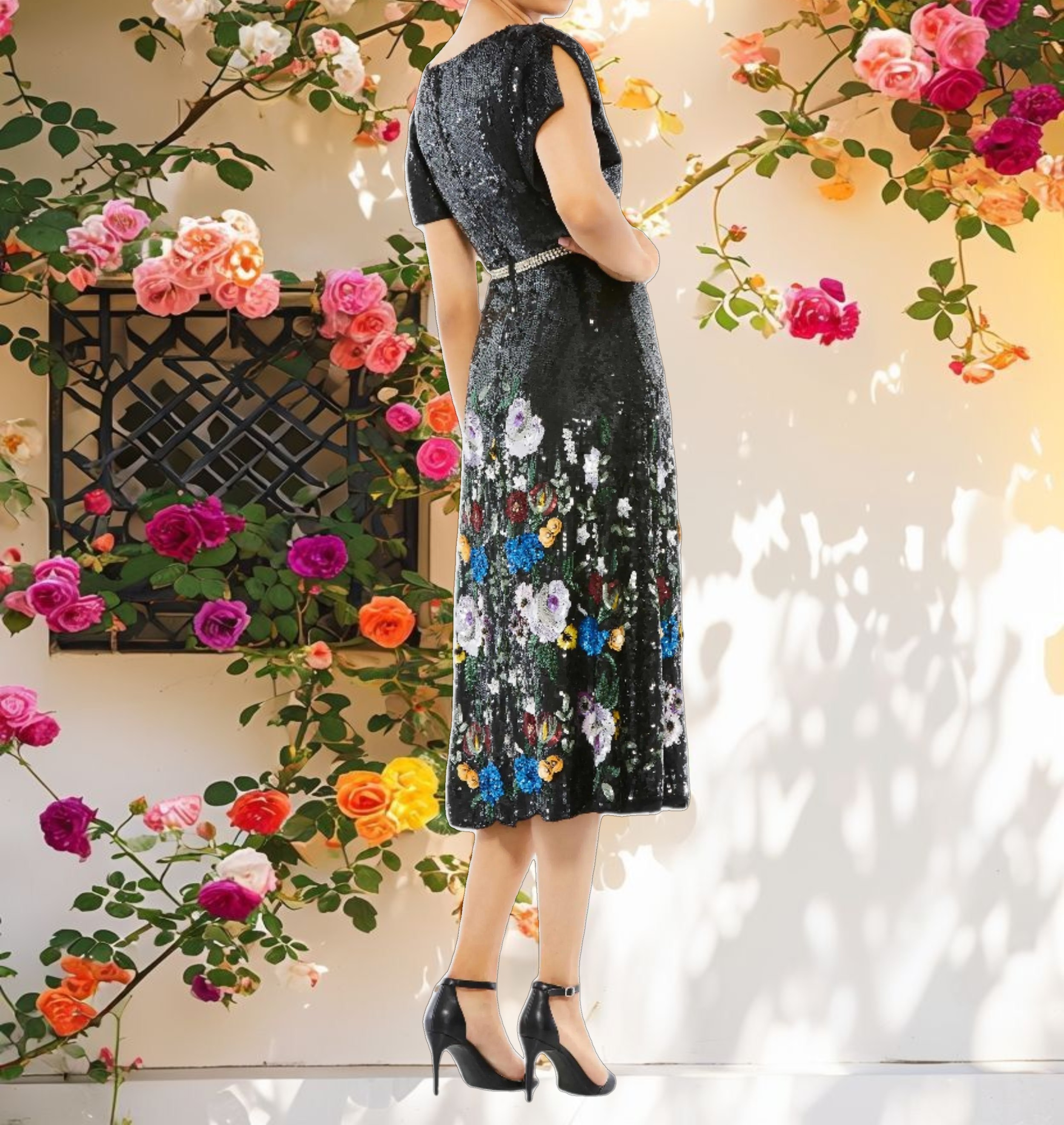 Floral Sequin Flutter Sleeve Aline Wrap Dress