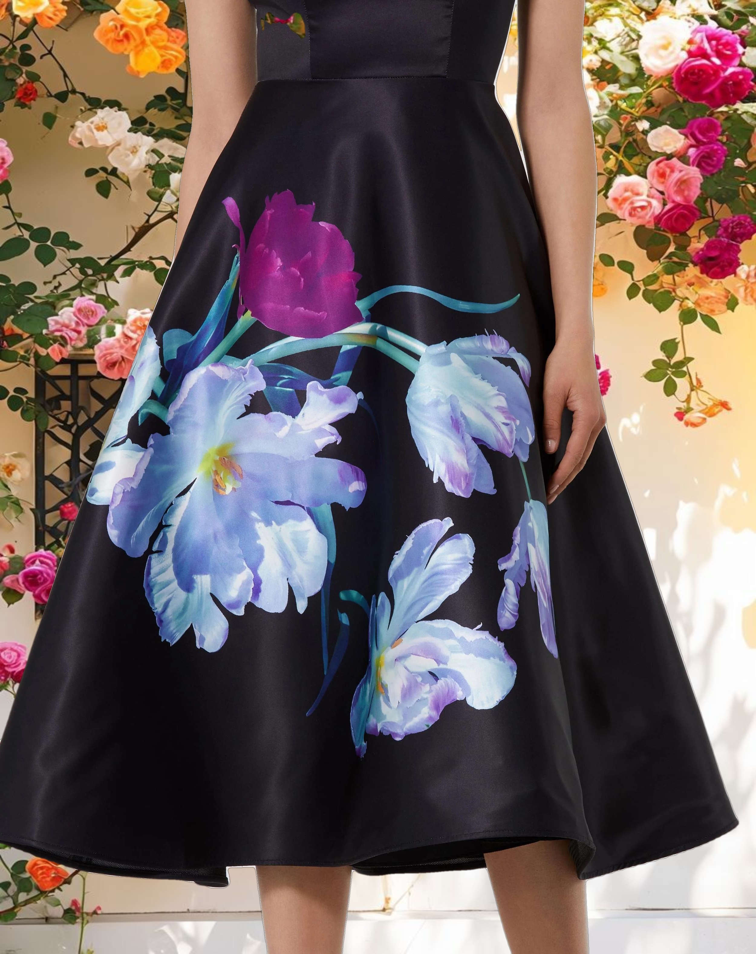 Black Satin Cap Sleeve Midi Dress With Floral Print