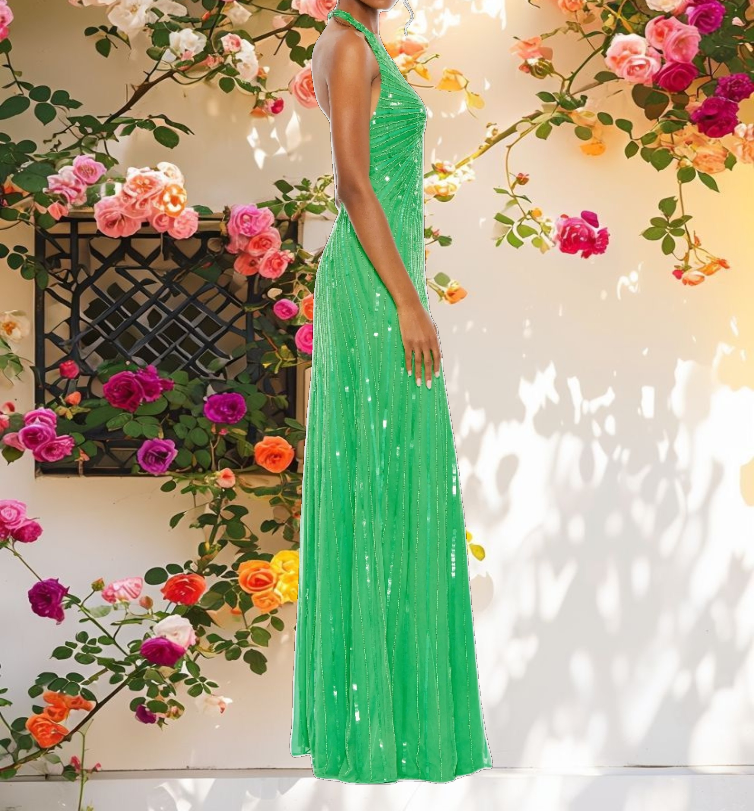Green Halter Neck Sequin Gown
