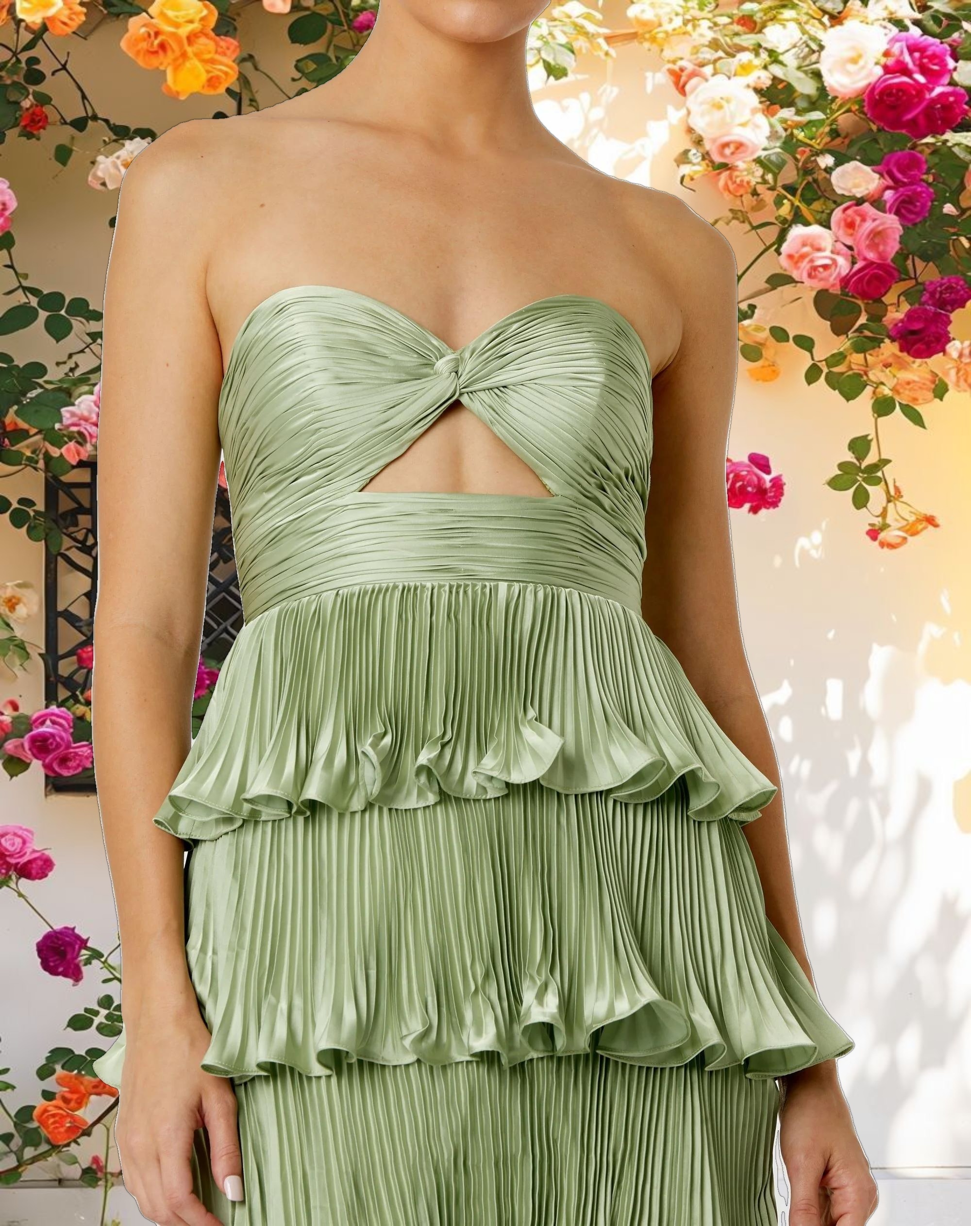 Green Pleated Charmeuse Strapless Tiered Ruffle Gown