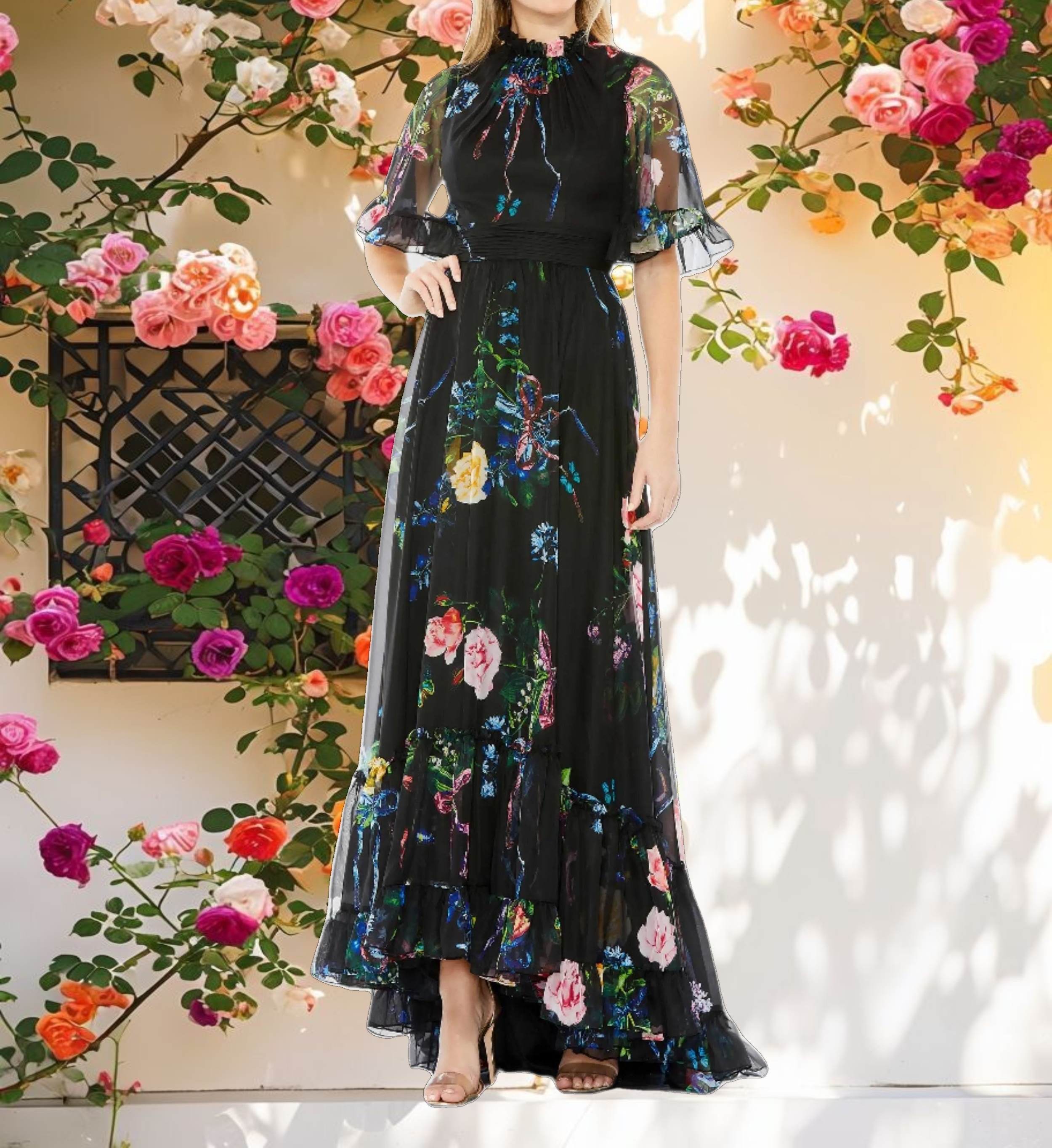 Floral Print Ruffled High Neck Flutter Sleeve Gown