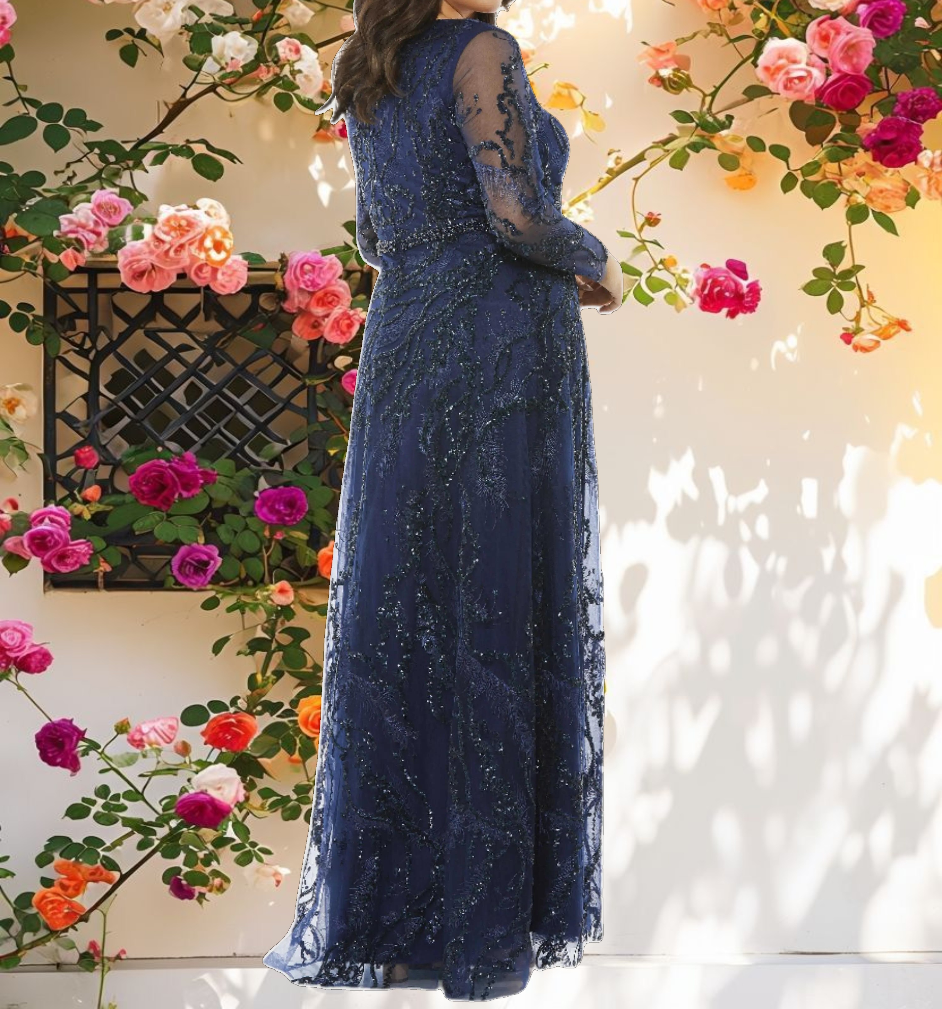 Blue Decorated False Long Sleeve V Neck A Line Dress (Plus)