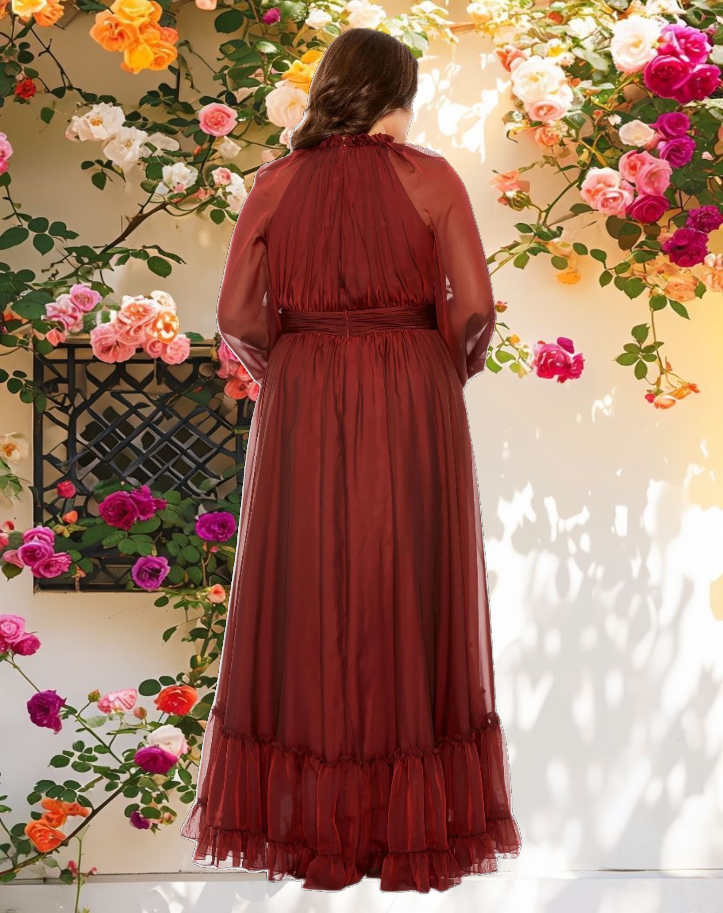 Pink Puff Sleeve w/ Decorative Cuff Mock Neck A Line Dress