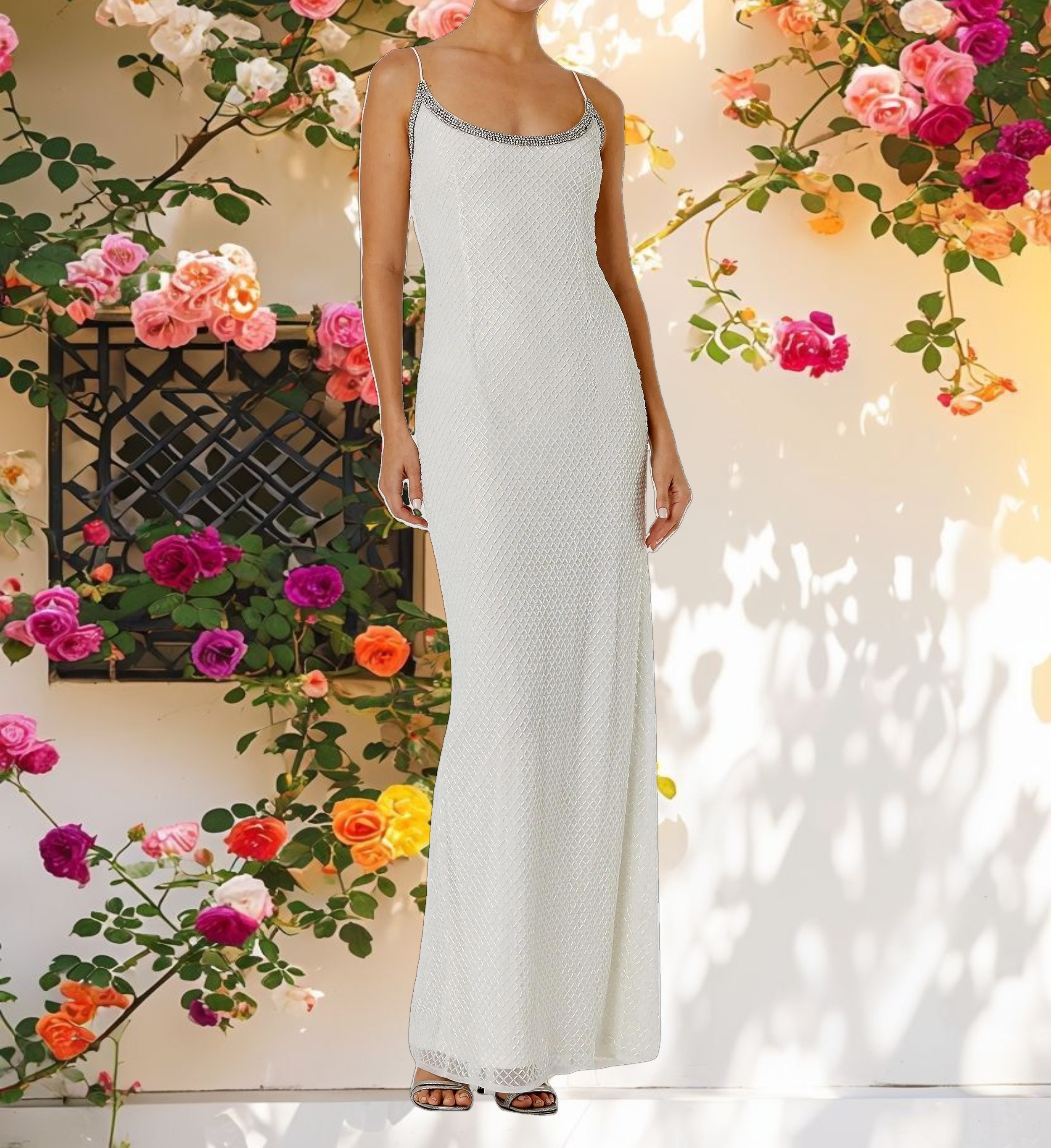 White Beaded Spaghetti Strap Column Gown