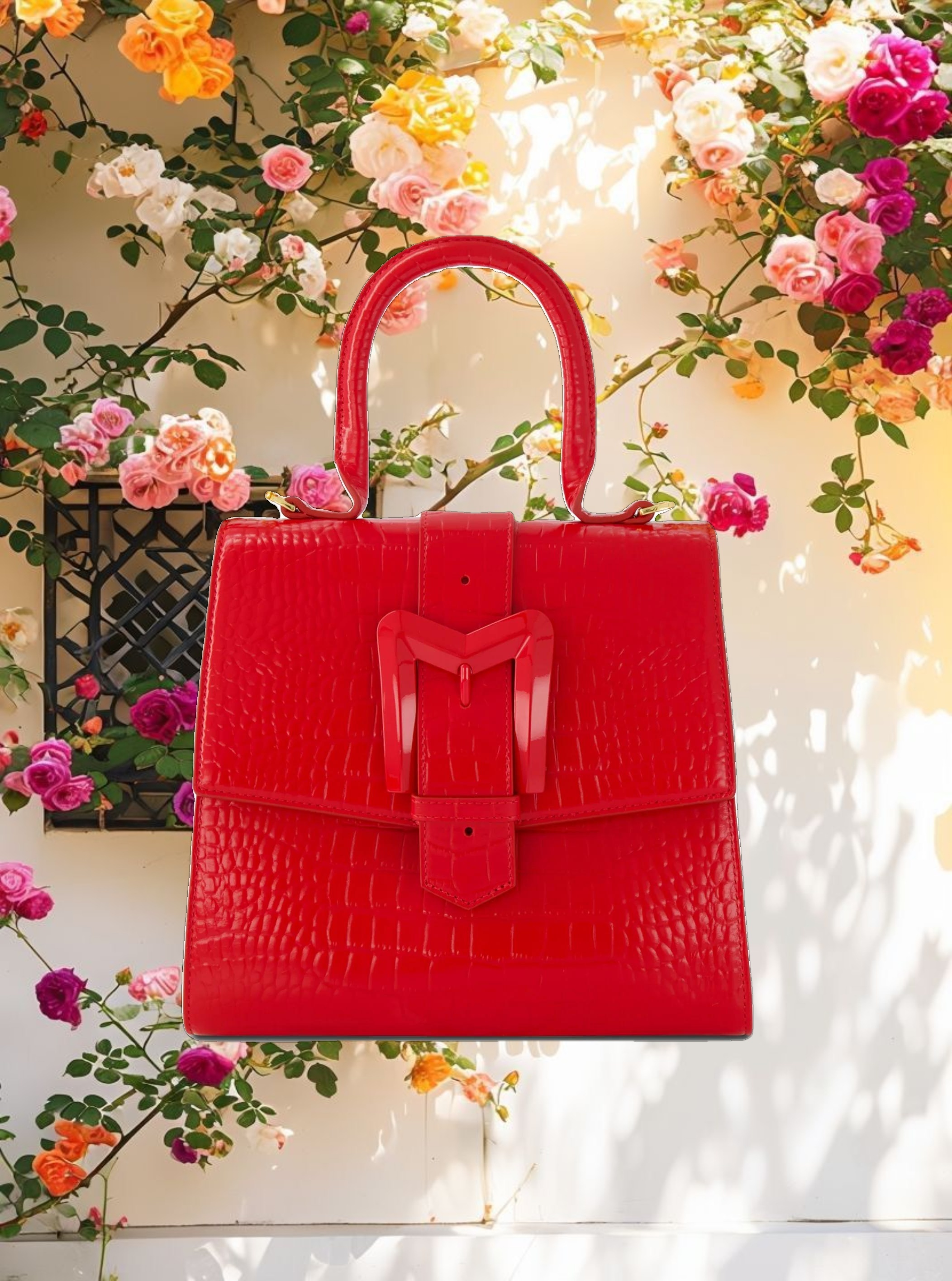 Buckled Medium Croco Leather Handbag with Detachable Strap