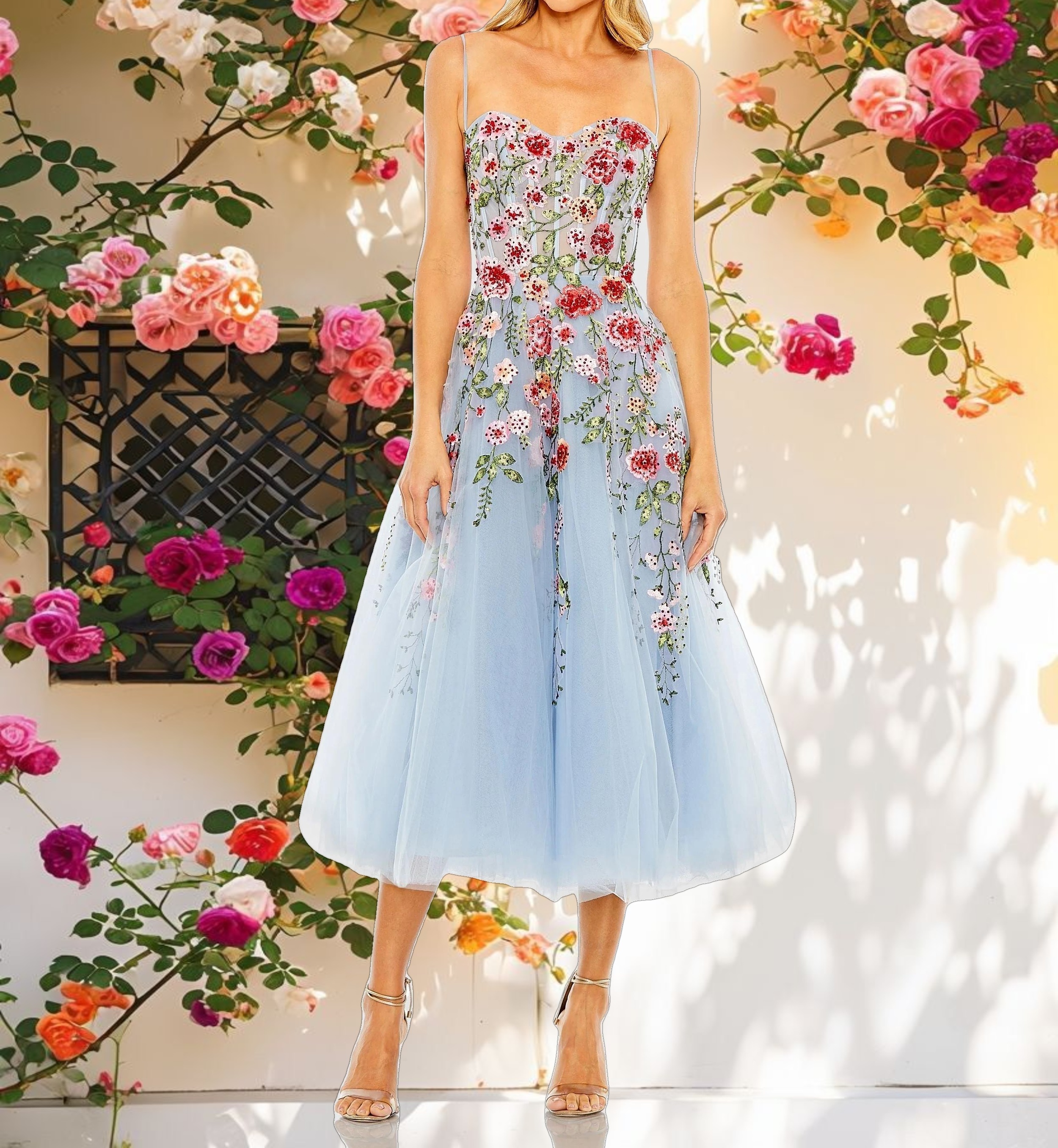 Blue Bustier Embroidered Floral A Line Dress
