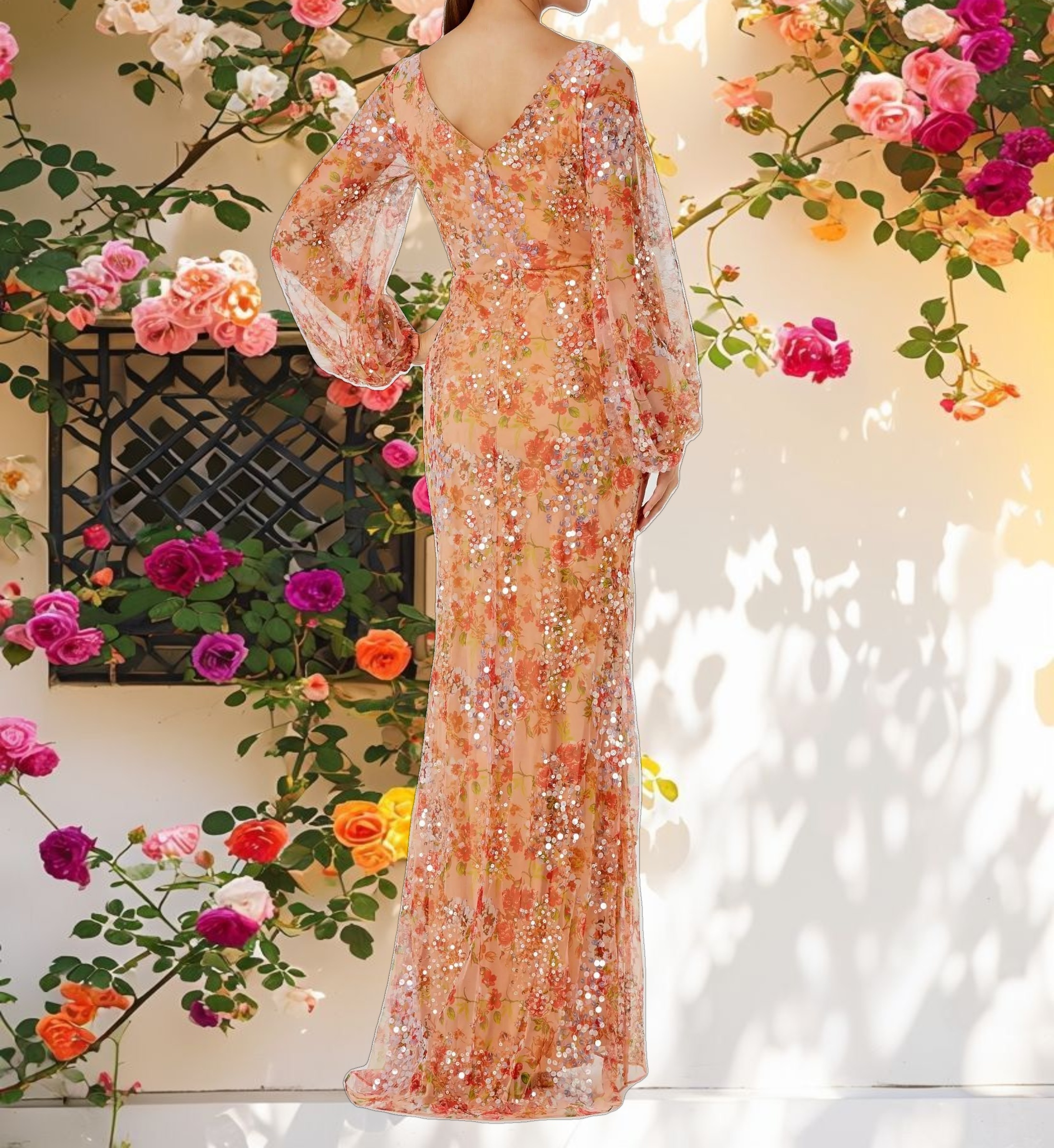 Floral Print Sequined Puff Sleeve Gown