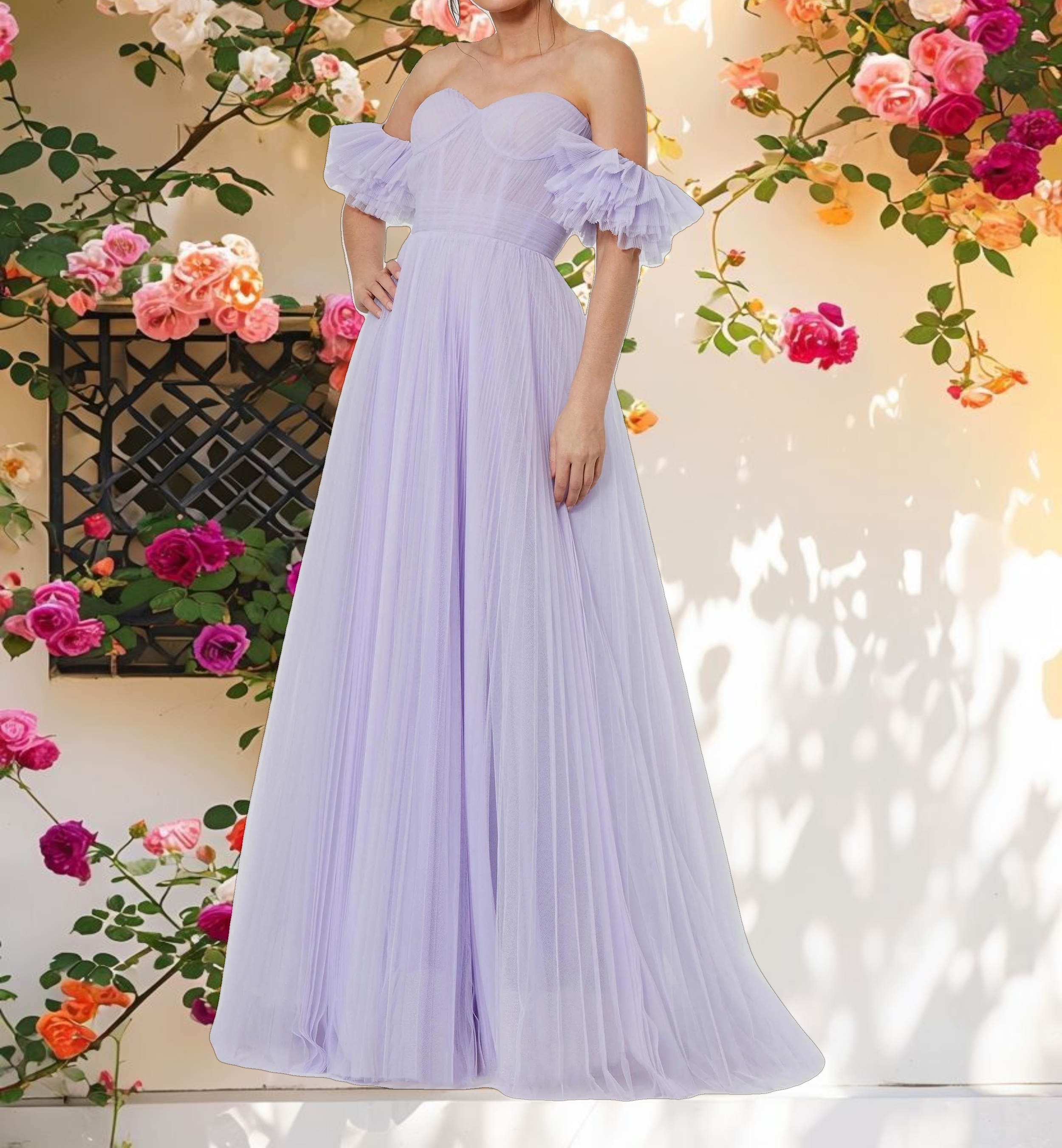 Pink Off The Shoulder Tulle A Line Gown