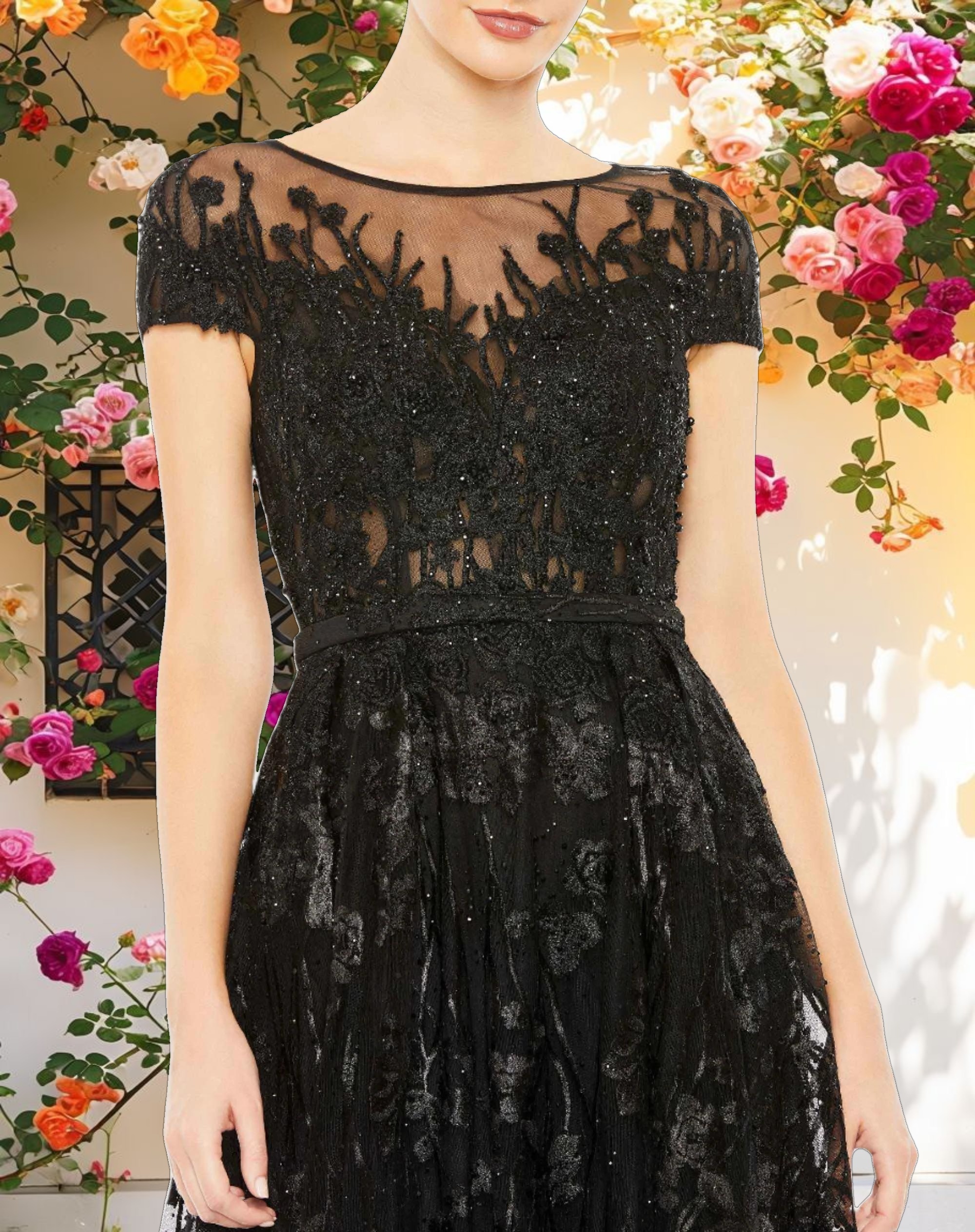 Black Embellished Floral Cap Sleeve A Line Gown
