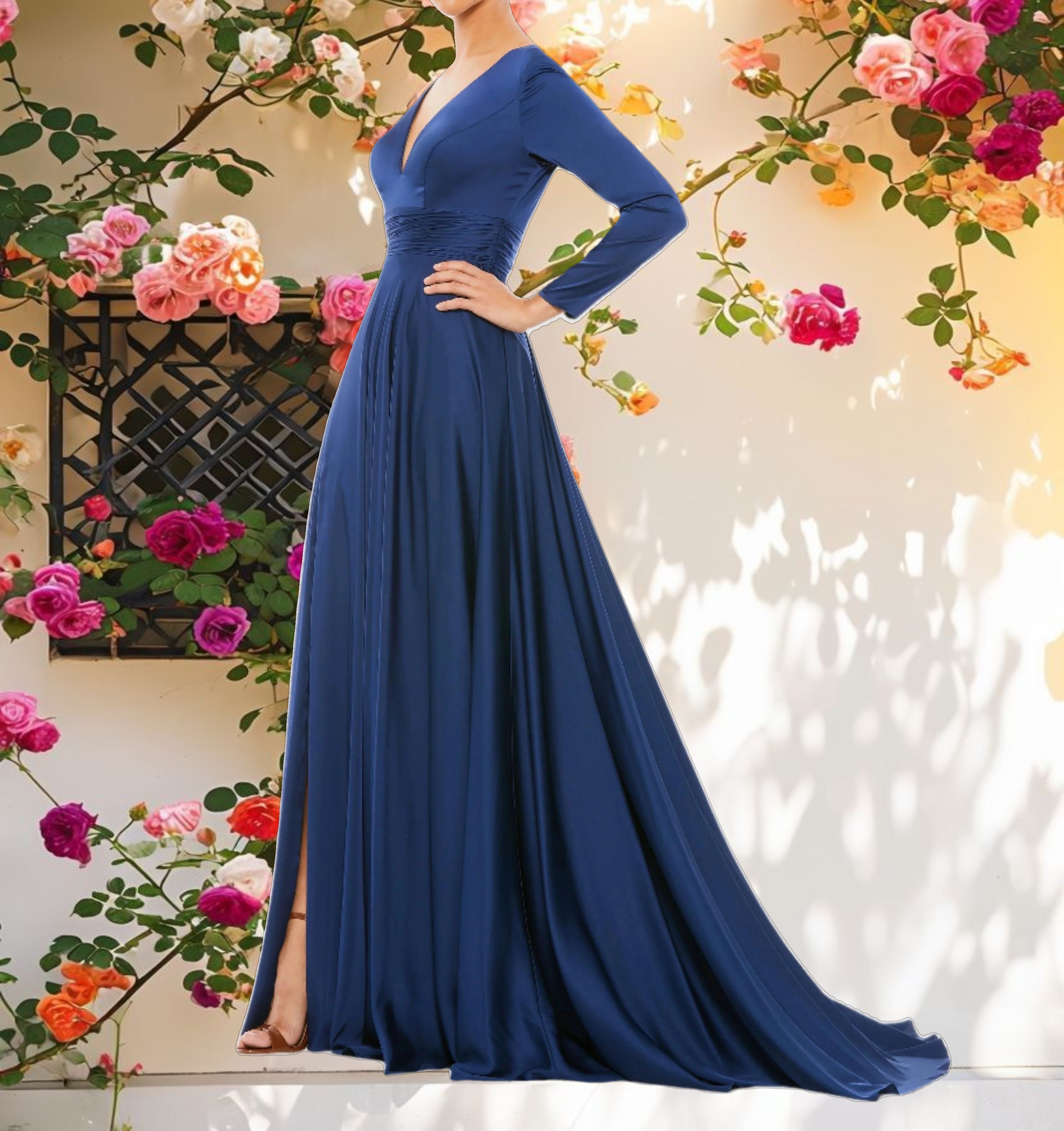 Navy Long Sleeve Ruched Waist A-Line Gown
