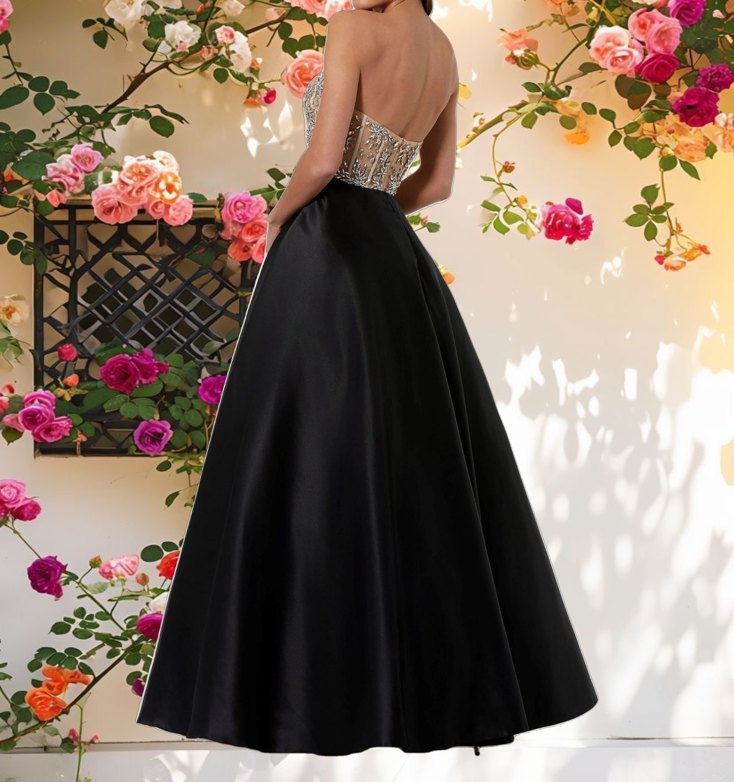 Black Strapless Embellished Bustier Ball Gown