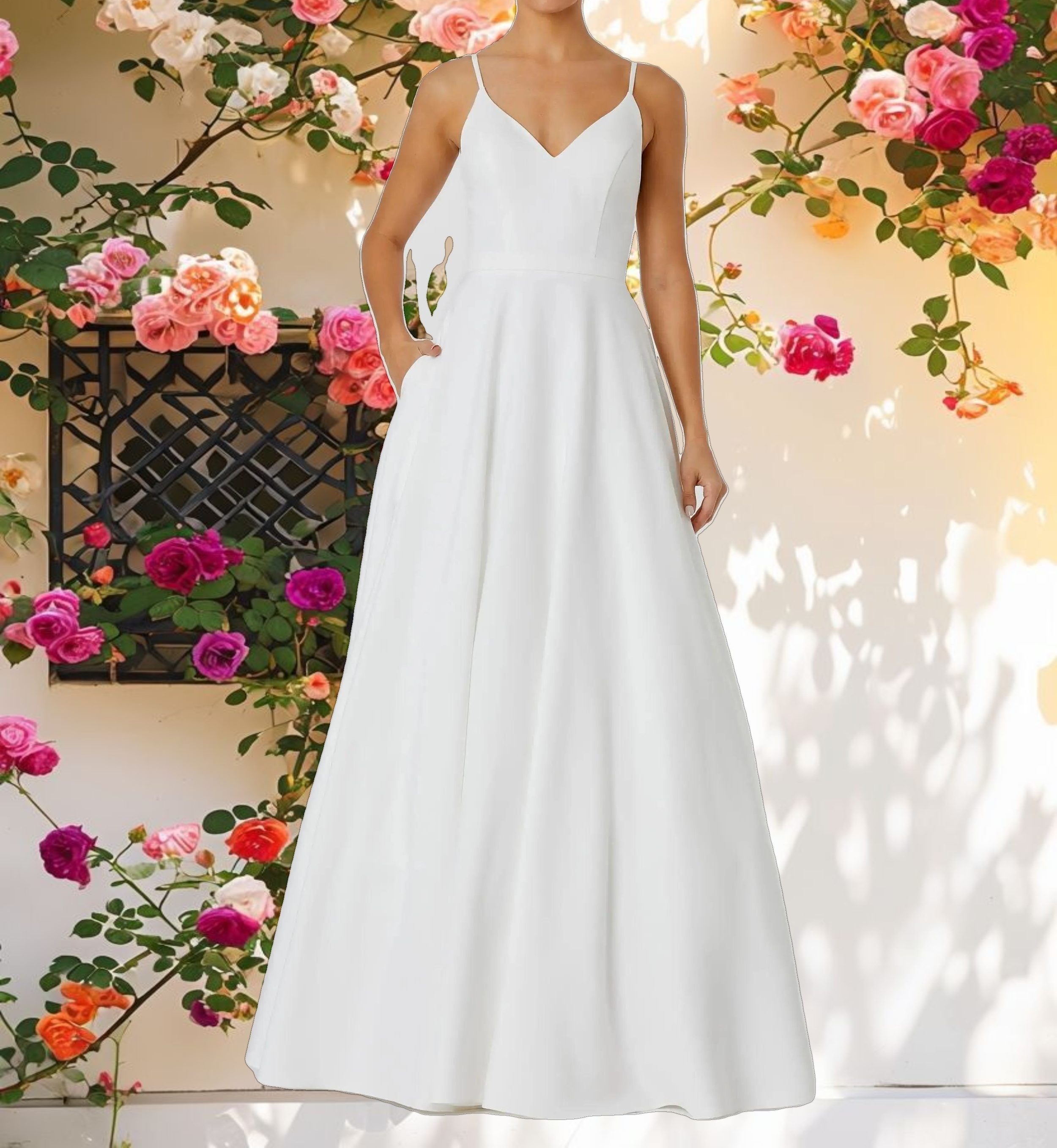 White Classic A Line V Neck Ballgown
