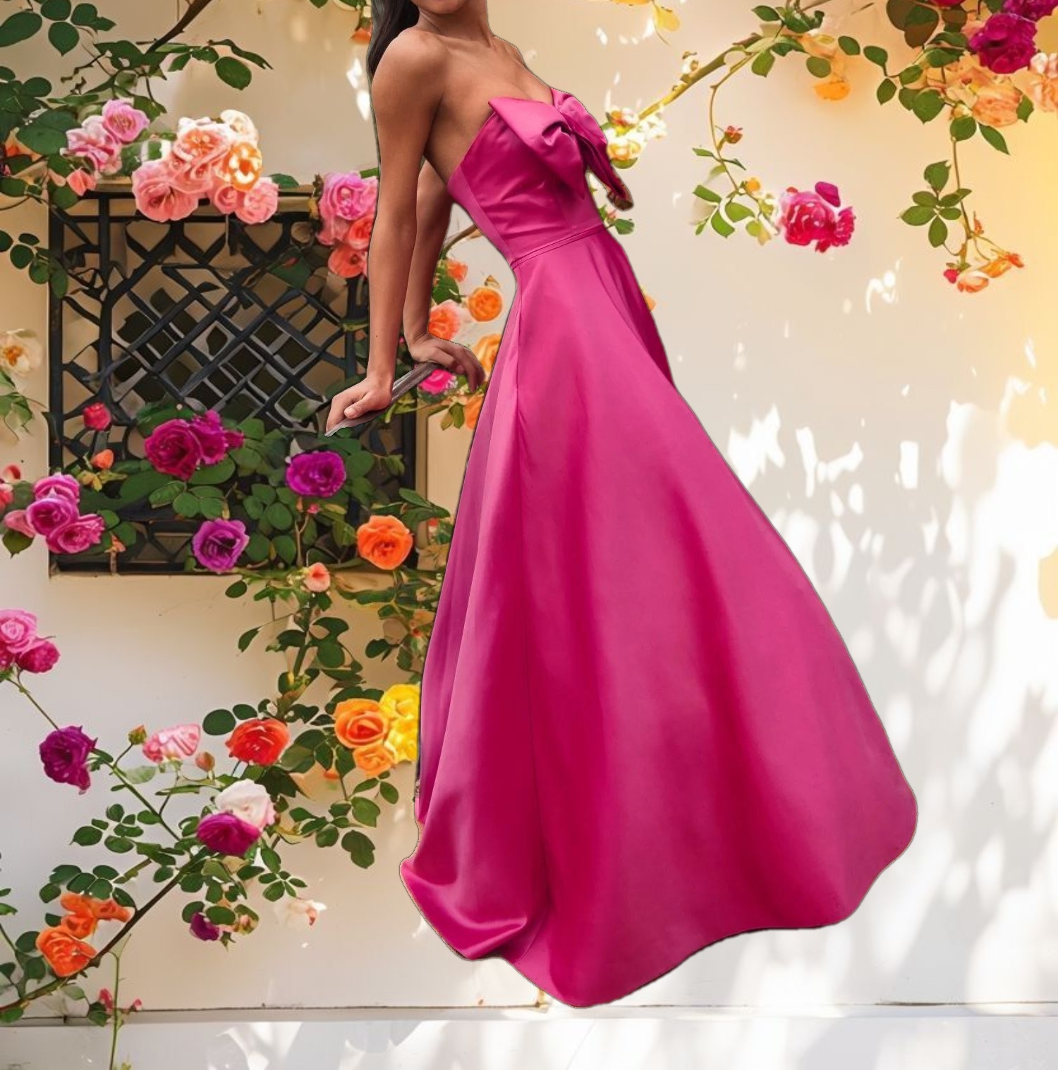 Pink Strapless A Line Bow Ballgown