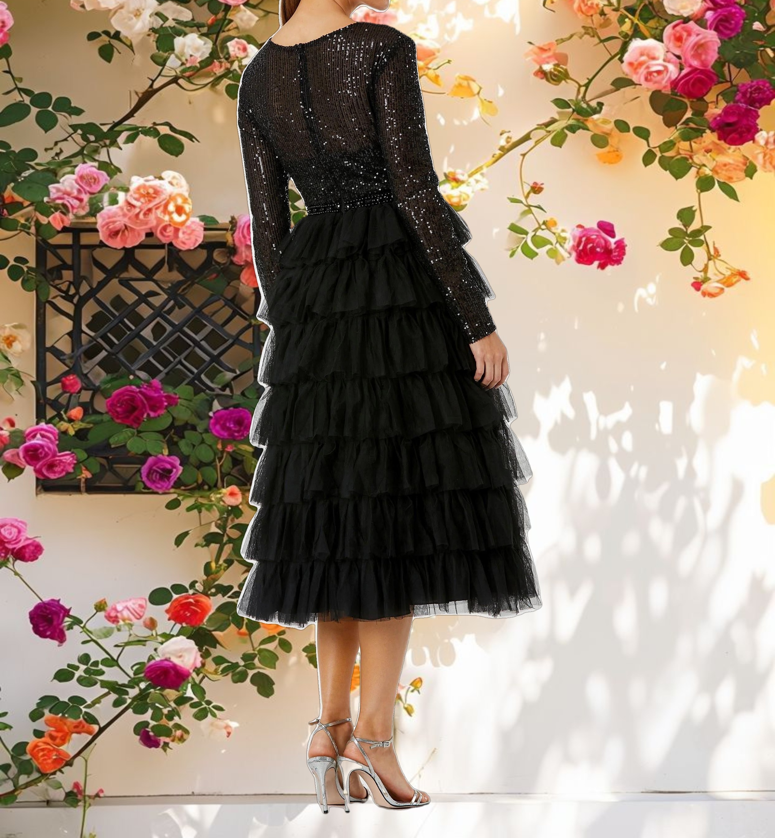 Black Long Sleeve Ruffle Tiered Midi Dress