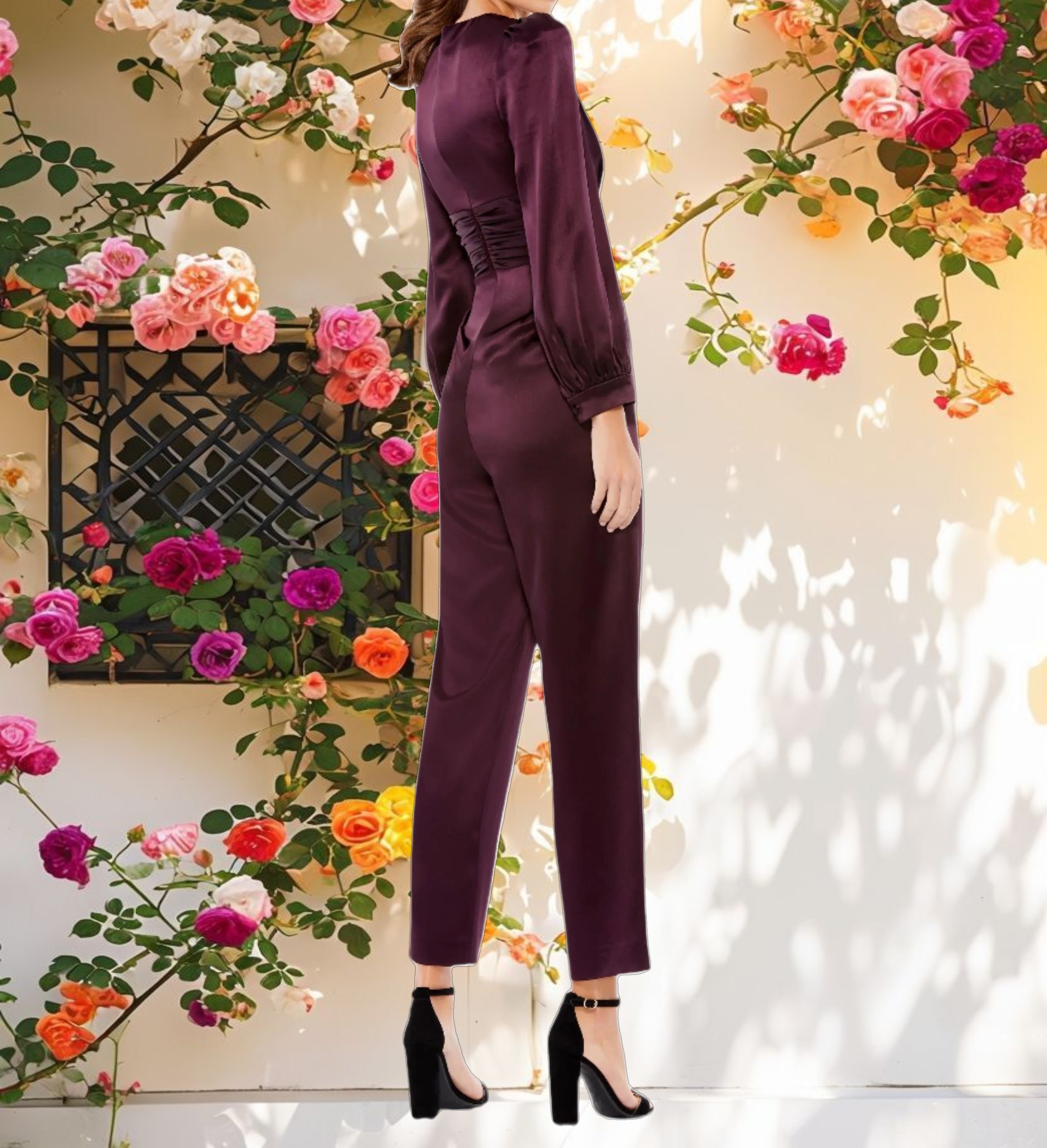 Purple Front Twist Puff Sleeve Deep V Jumpsuit
