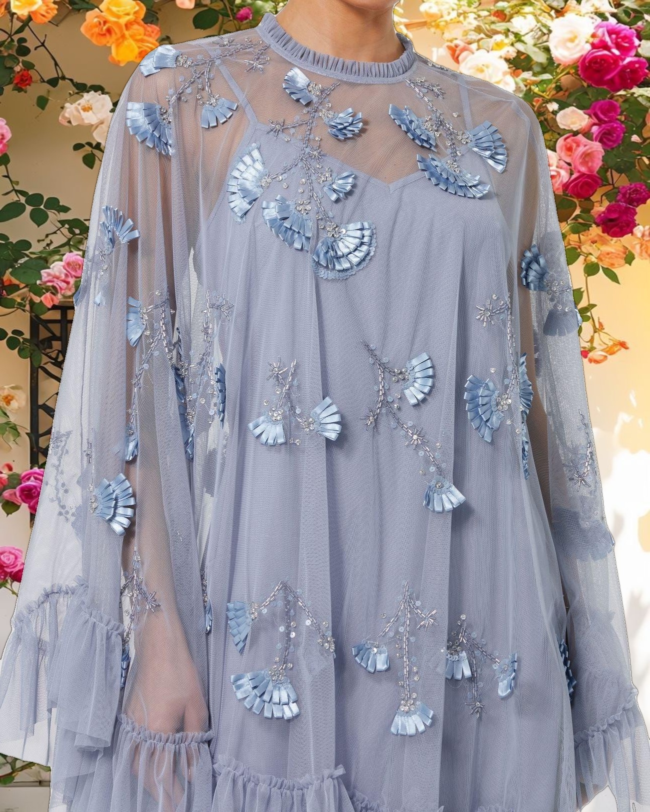 Blue Embellished Long Flare Sleeve Mesh Trapeze Dress