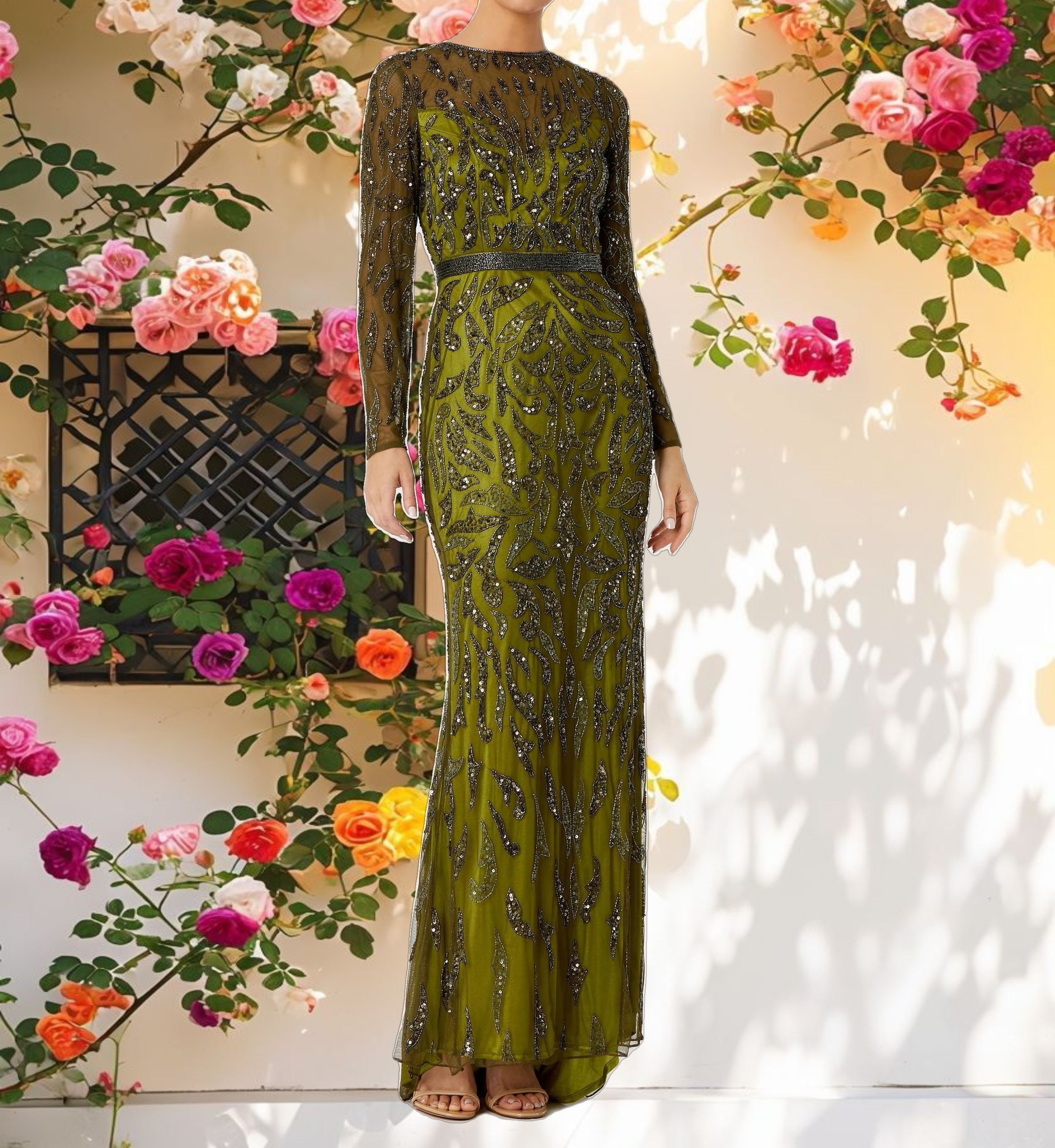 Green Beaded Long Sleeve Evening Gown