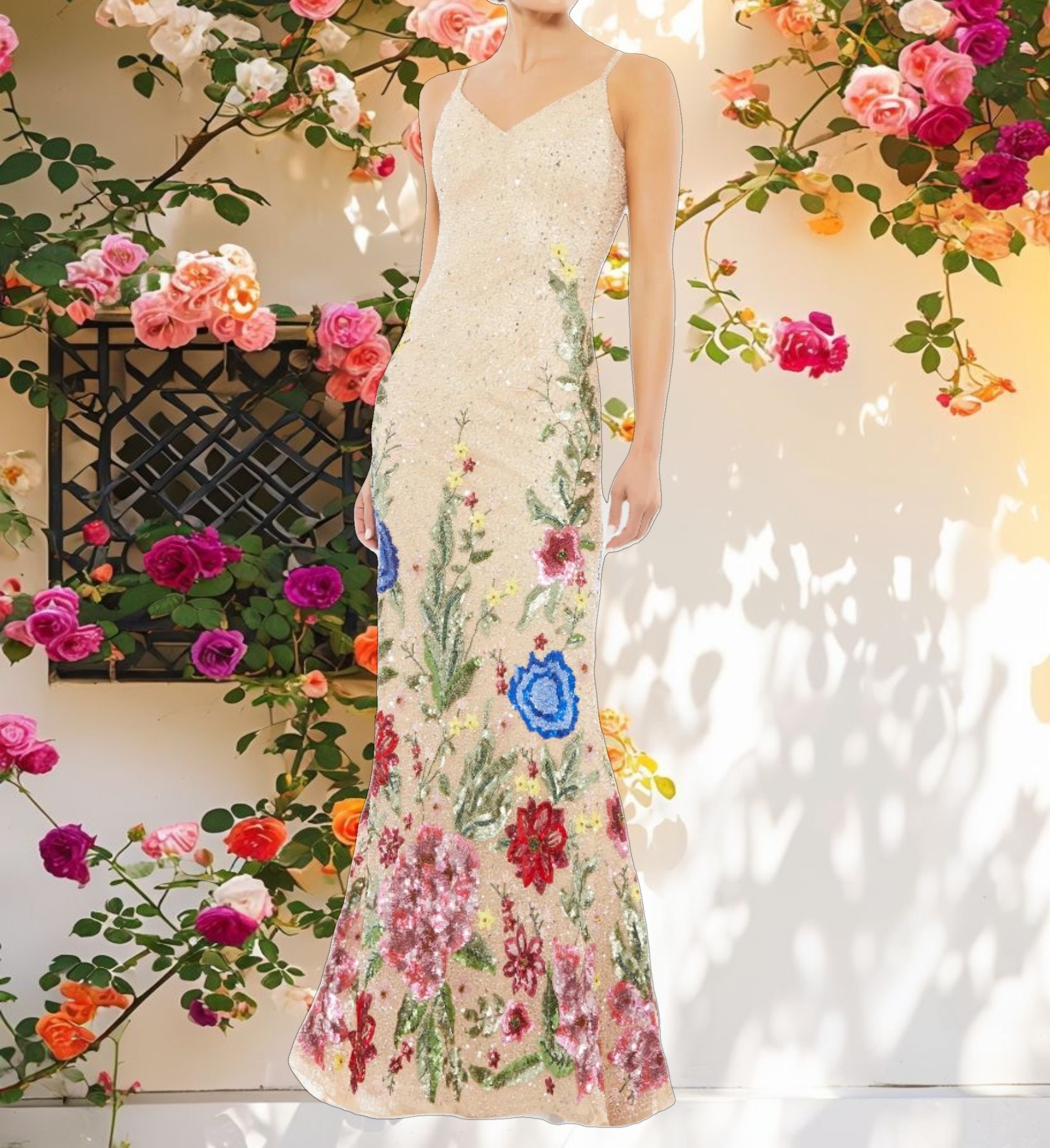 Beige Floral Embellished Spaghetti Strap Gown