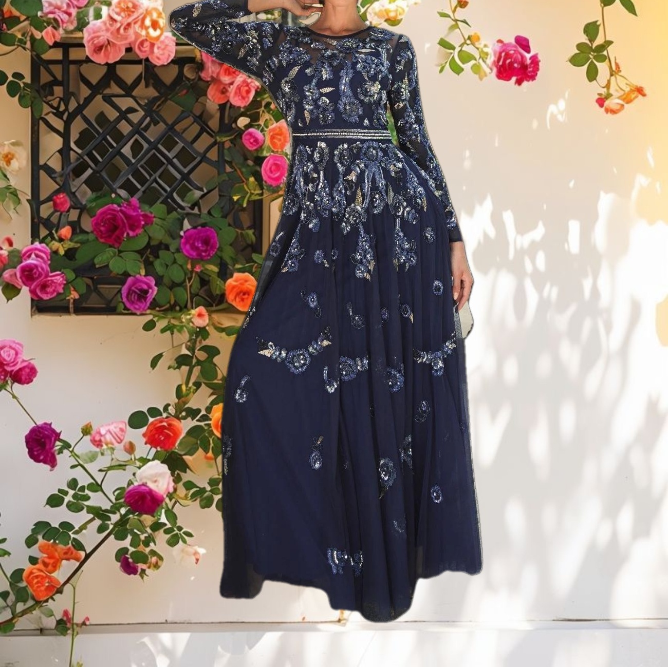 Long Sleeve High Neck Floral Beaded A Line Mesh Gown