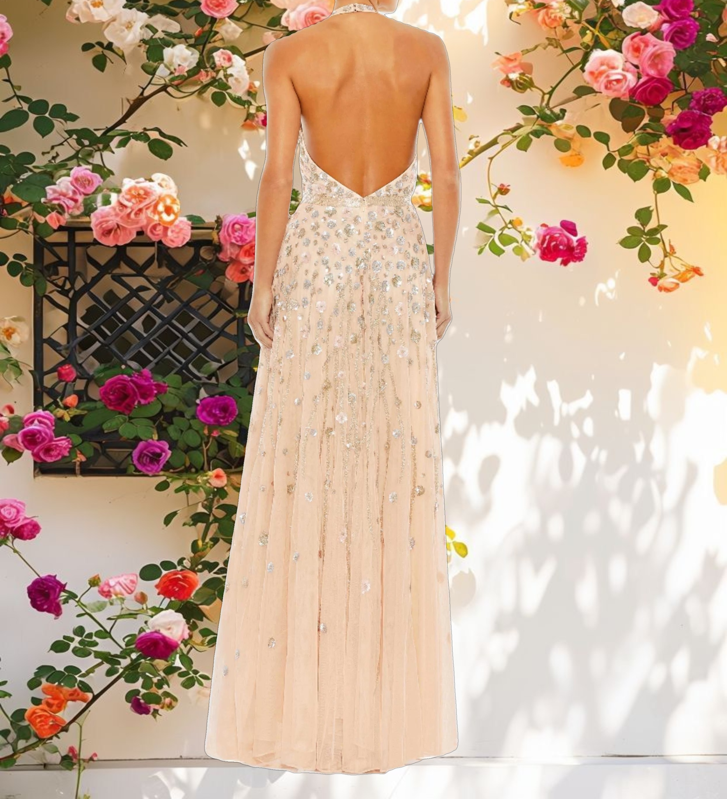 Floral Embellished Halter Strap Gown