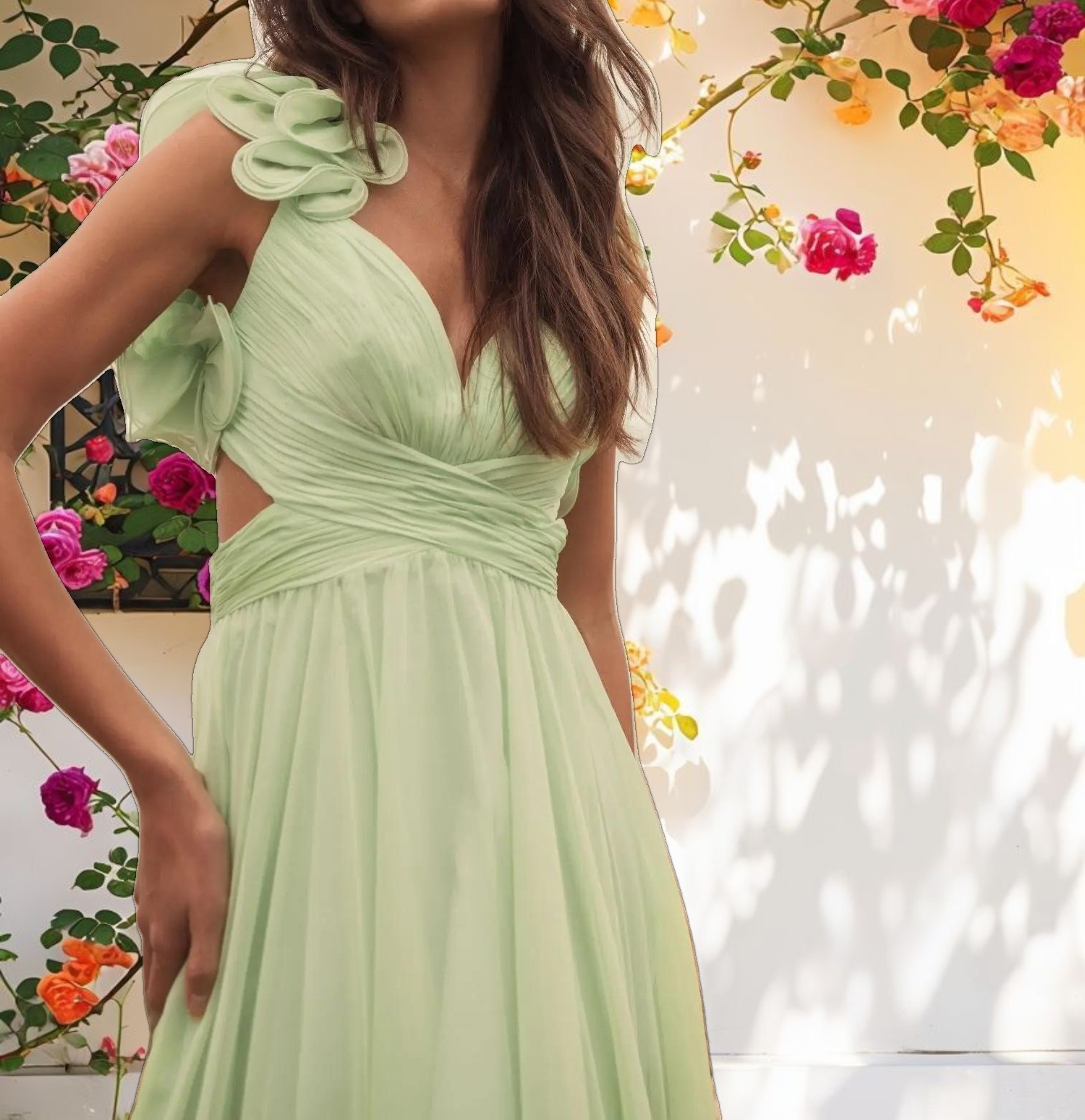 Ruffle Tiered Cut Out Chiffon Gown