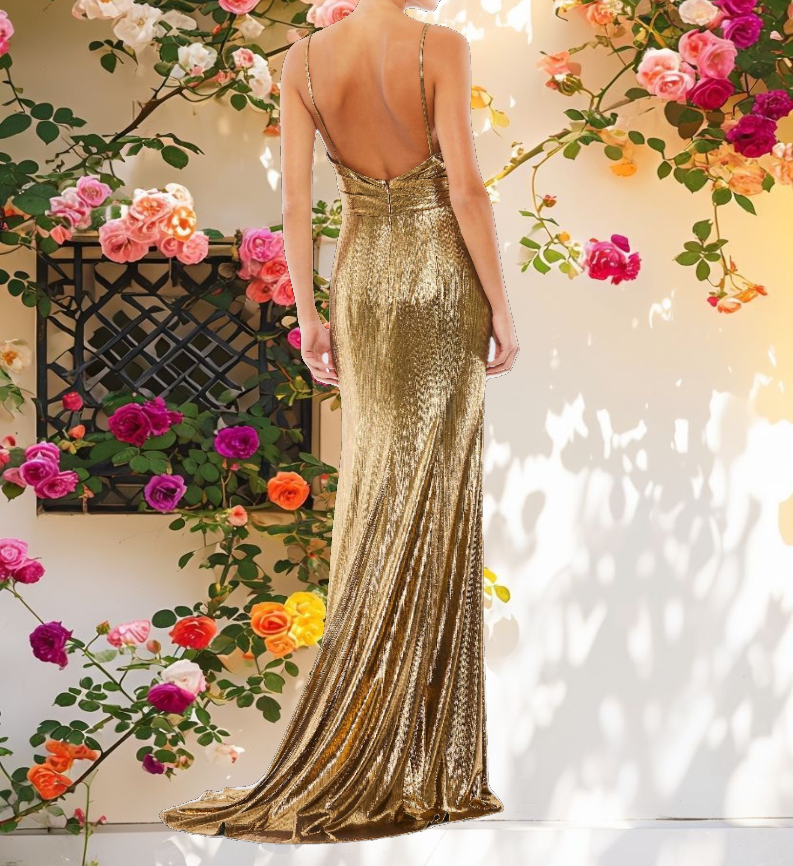 Gold Metallic Faux Wrap Spaghetti Strap Gown