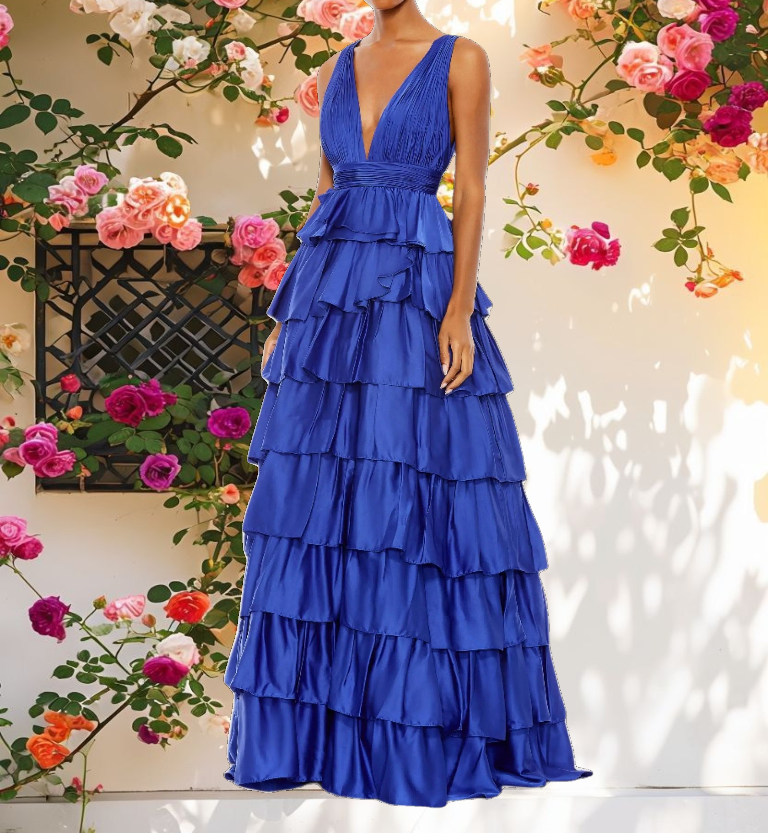 Ruffle Tiered Pleated Sleeveless V Neck Gown
