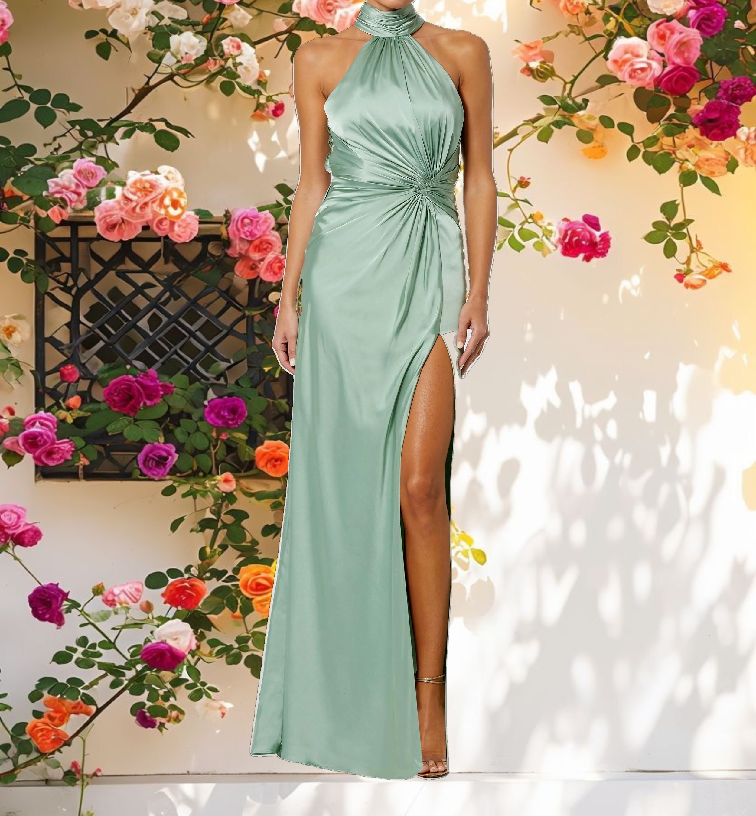 Open Back High Neck Side Ruched Gown