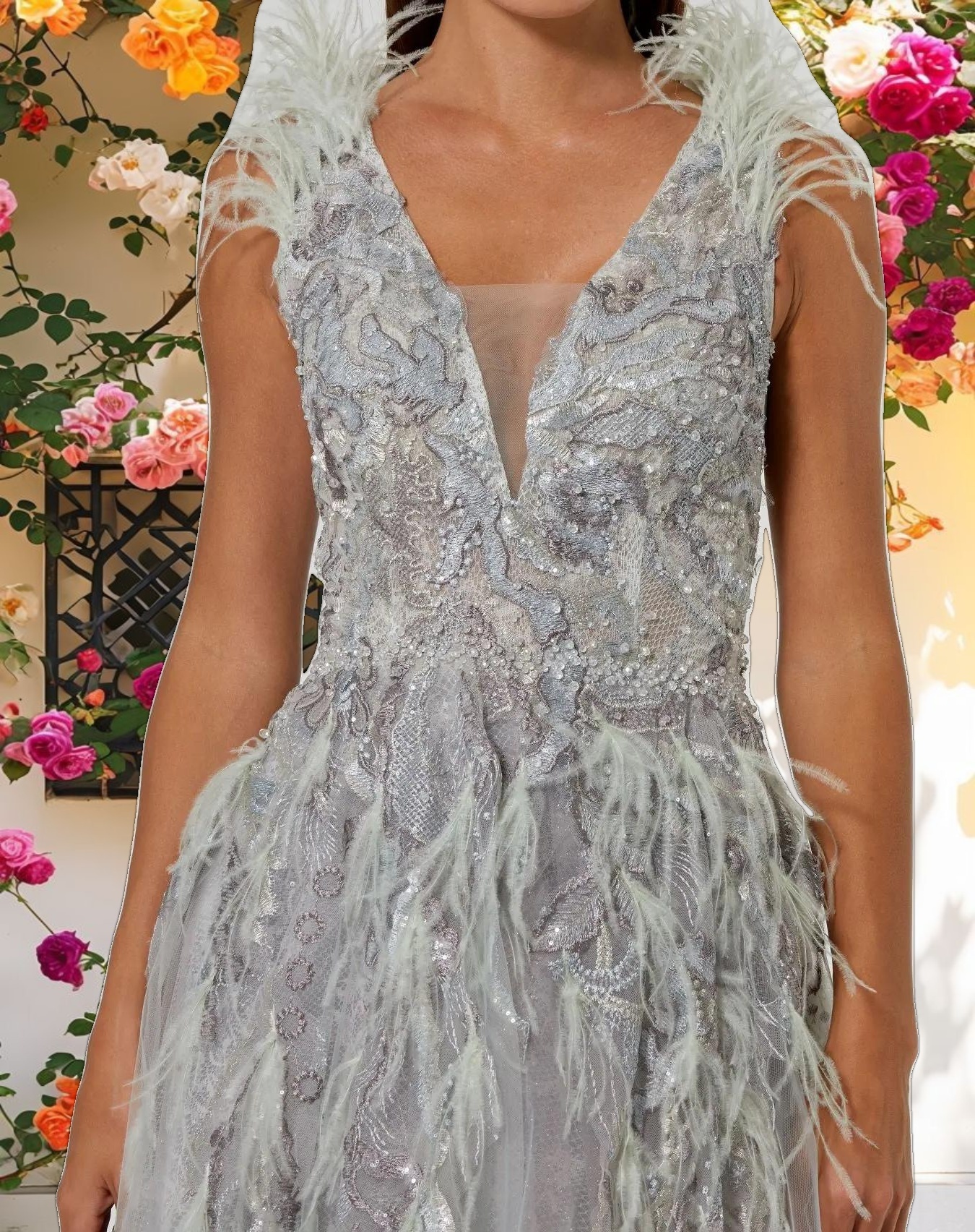 Green Embellished Feathered Sleeveless A Line Gown