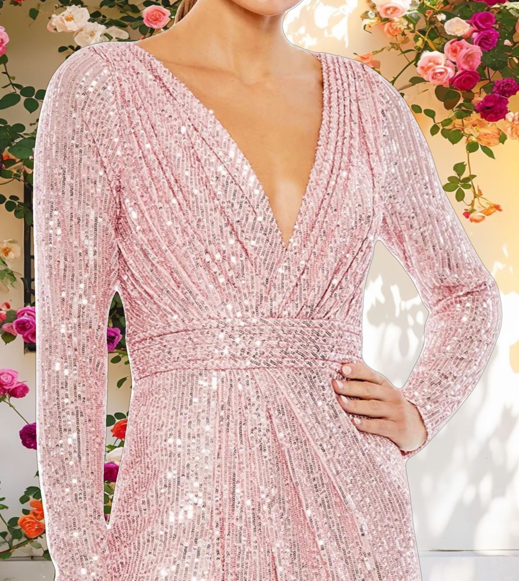 Pink Sequined Long Sleeve Gown