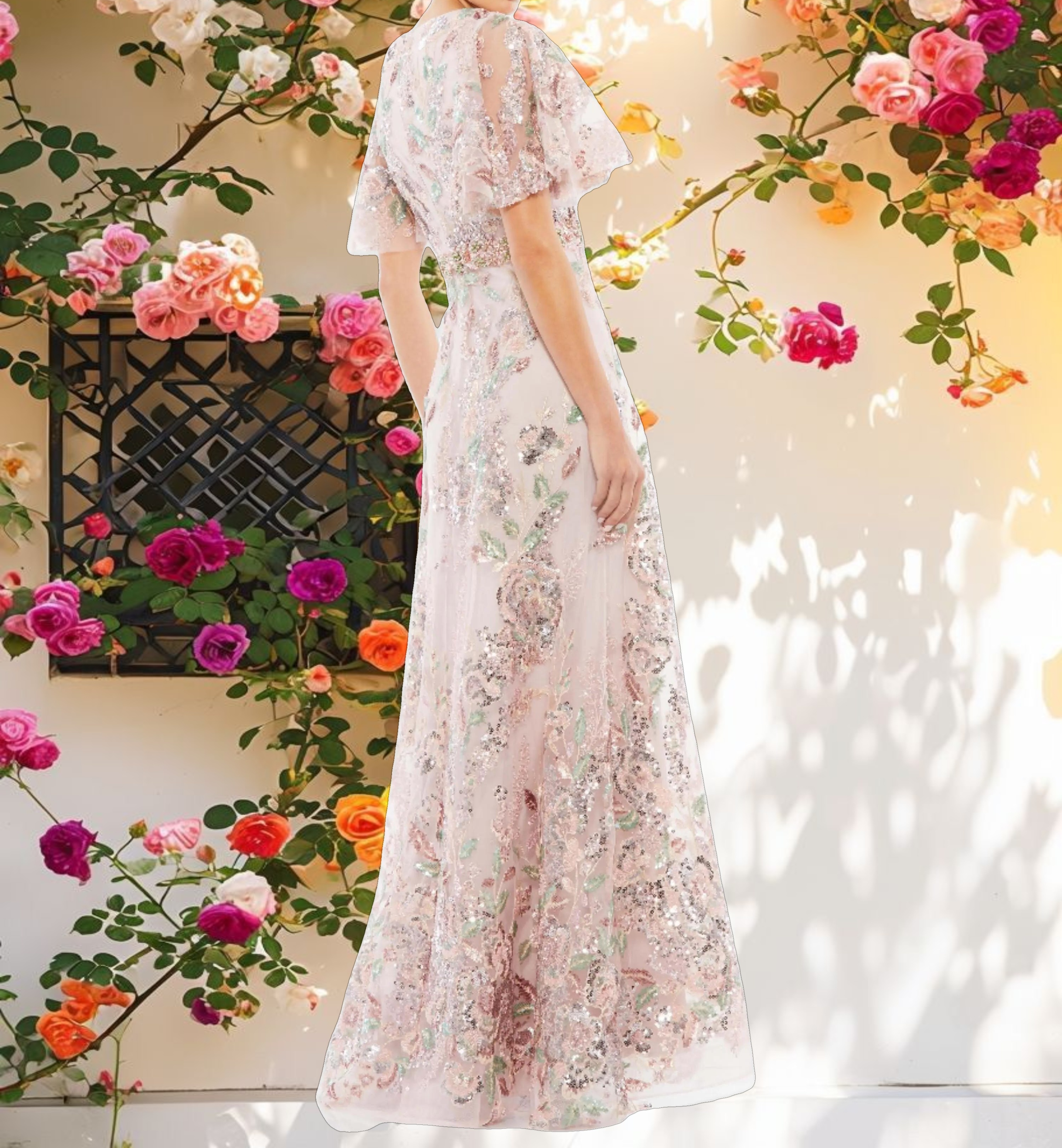 Pink Floral Embellished Short Sleeve Gown