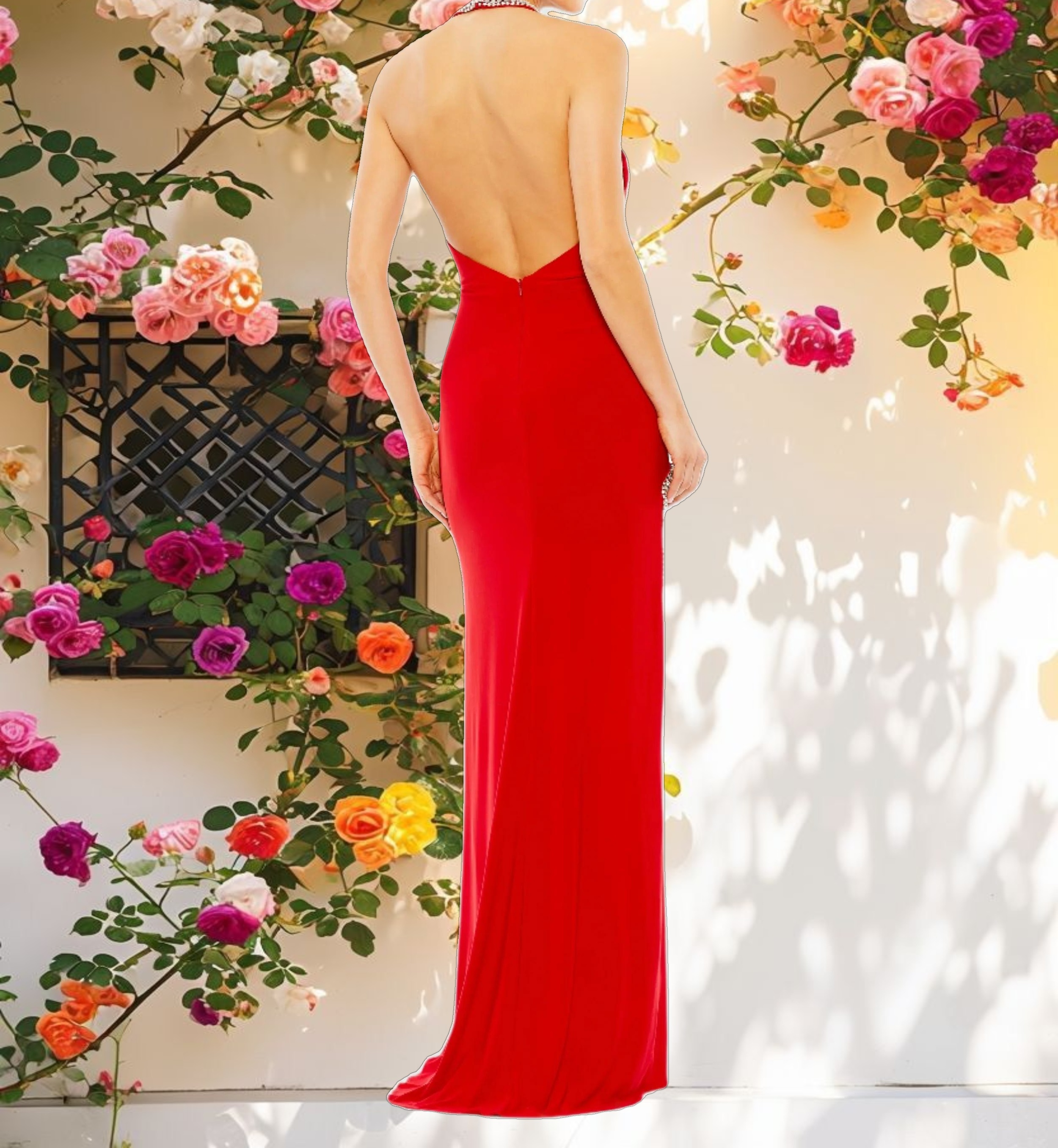 Red Rhinestone Accented Halter Gown