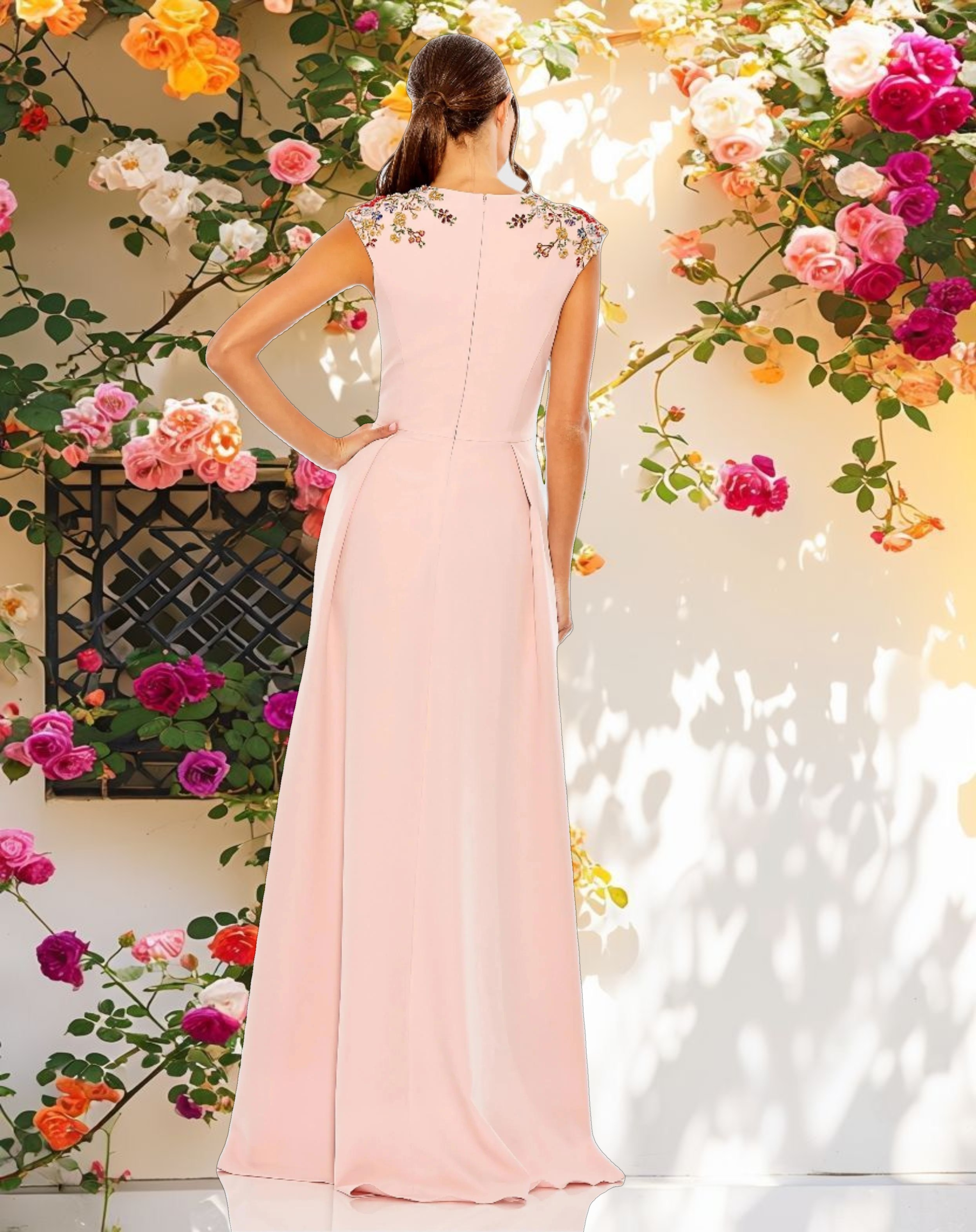Rose Pink Beaded V Neck A Line Gown