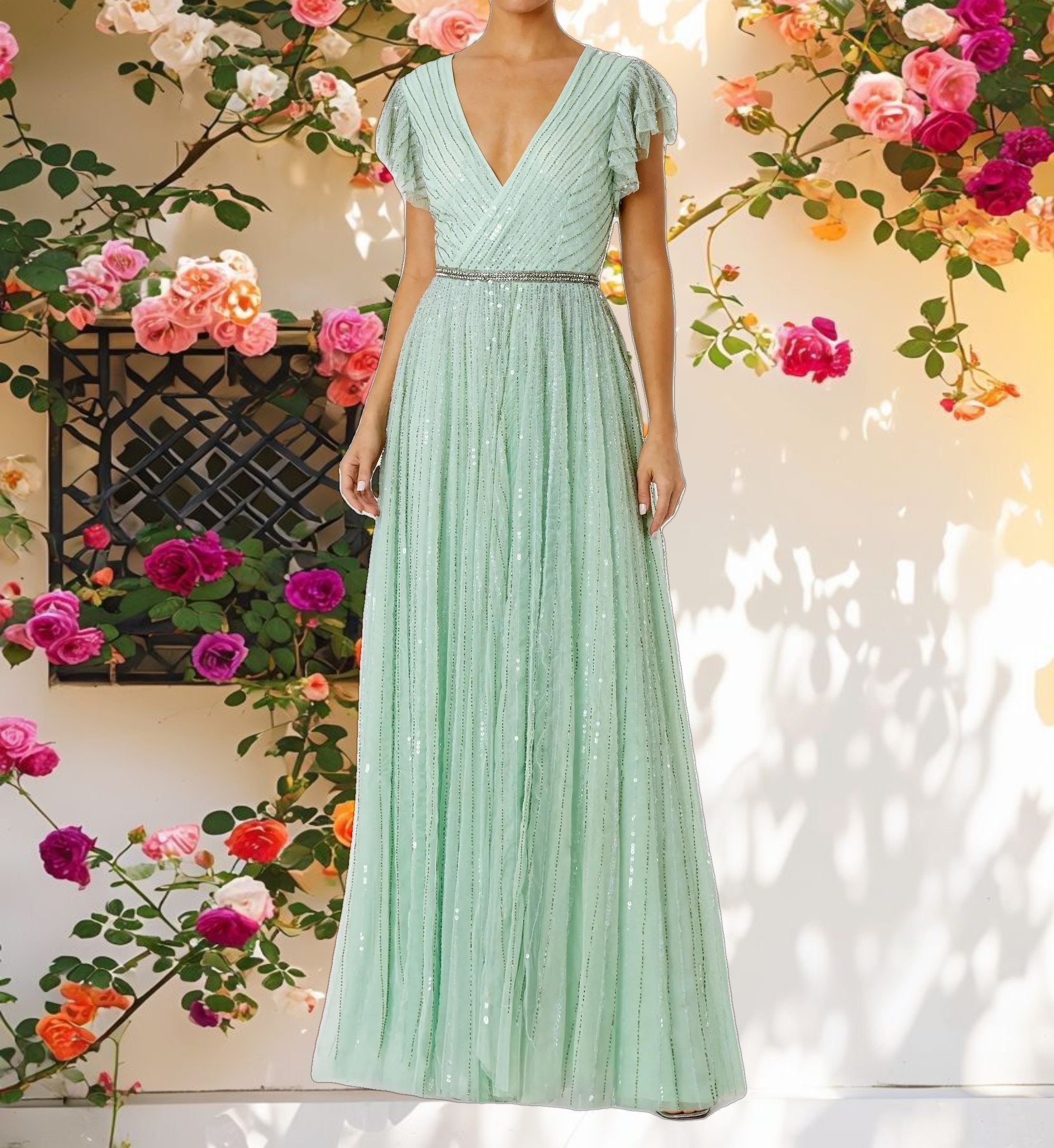 Glowing Sequined Wrap Over Ruffled Cap Sleeve Gown