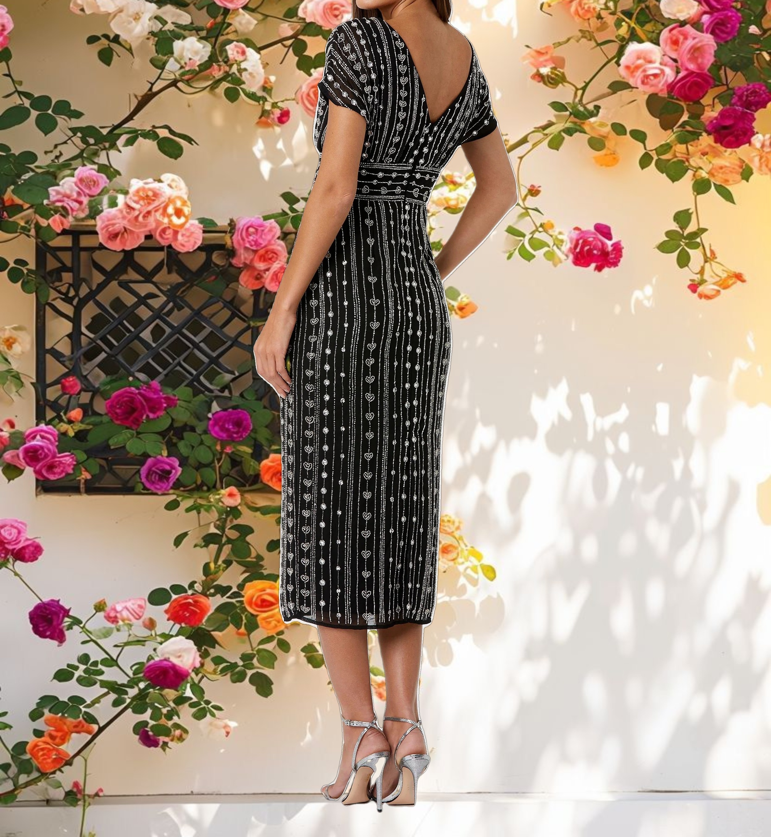 Black Beaded Cap Sleeve Empire Waist Sheath Midi Dress