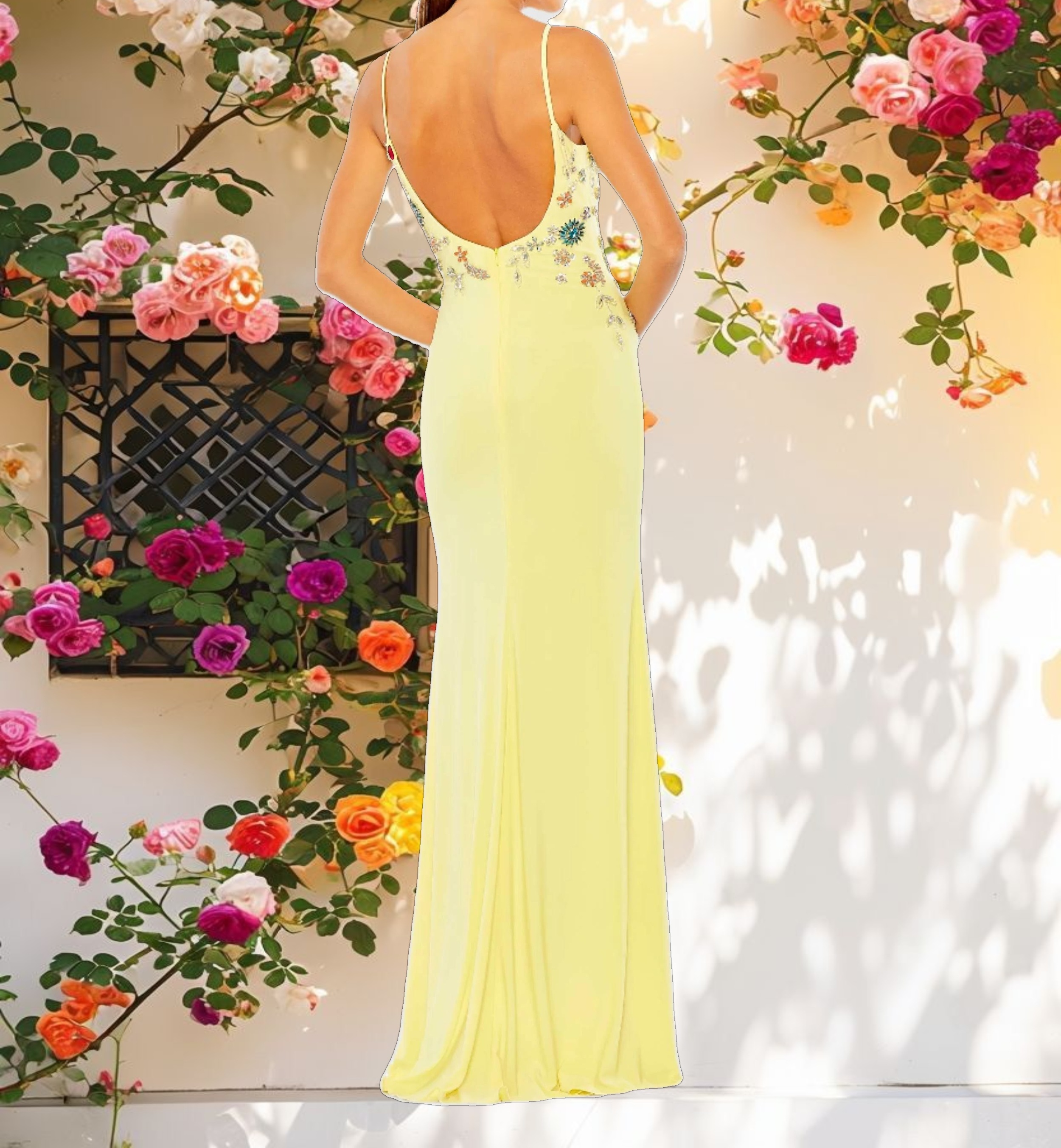 Yellow Multi Color Beaded Floral Cami Gown