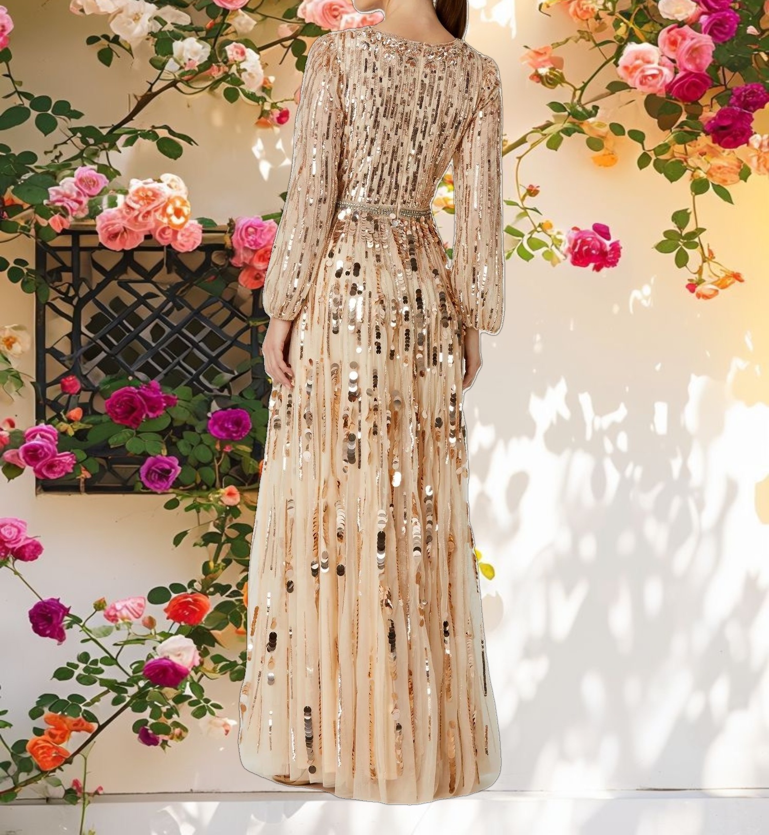 Embellished Mesh Long Sleeve V Neck Gown