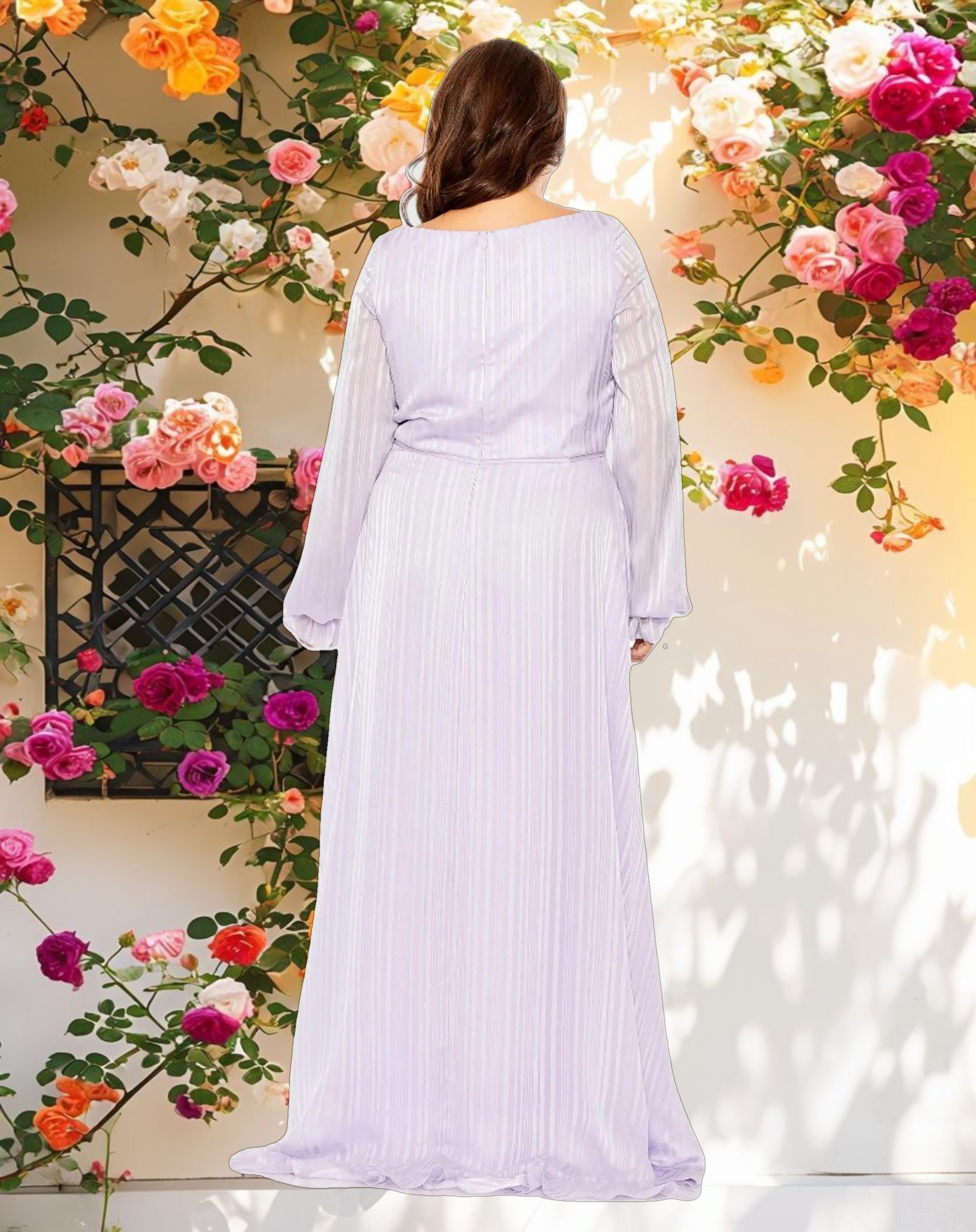 Purple Striped Faux Wrap Bishop Sleeve Gown (Plus)