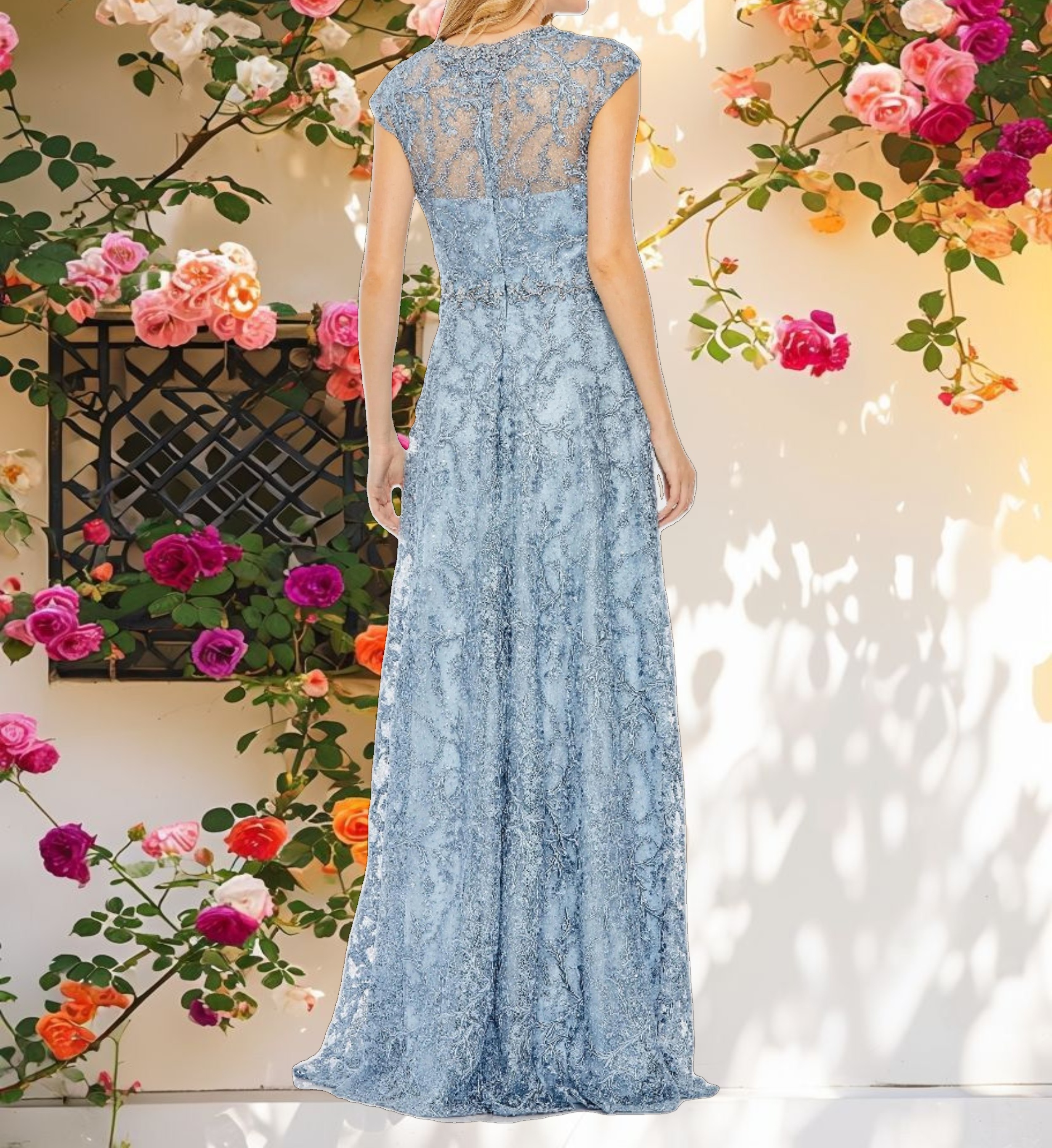 Embroidered Cap Sleeve A Line Gown