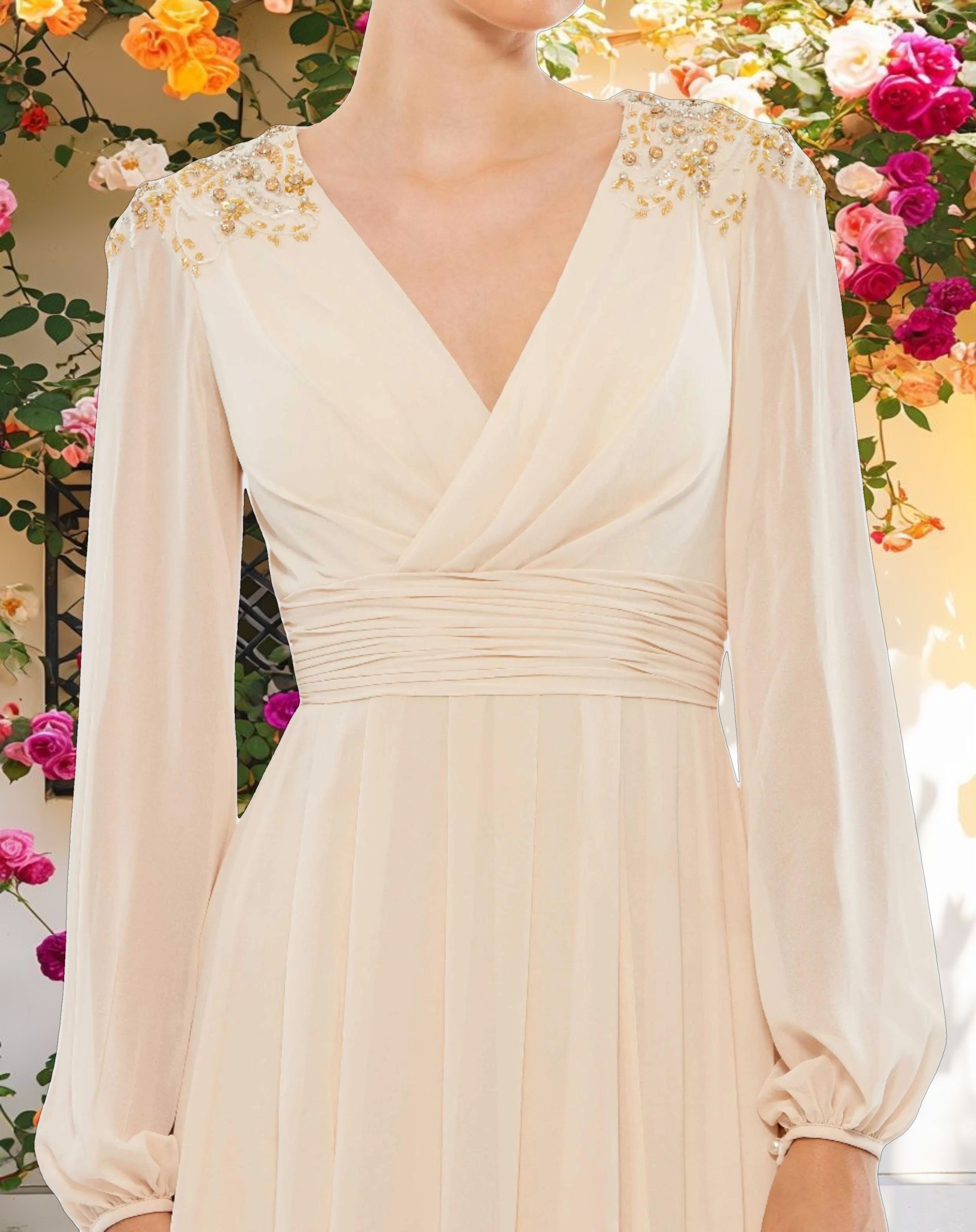 Beige Embellished Shoulder Blouson Sleeve Evening Gown