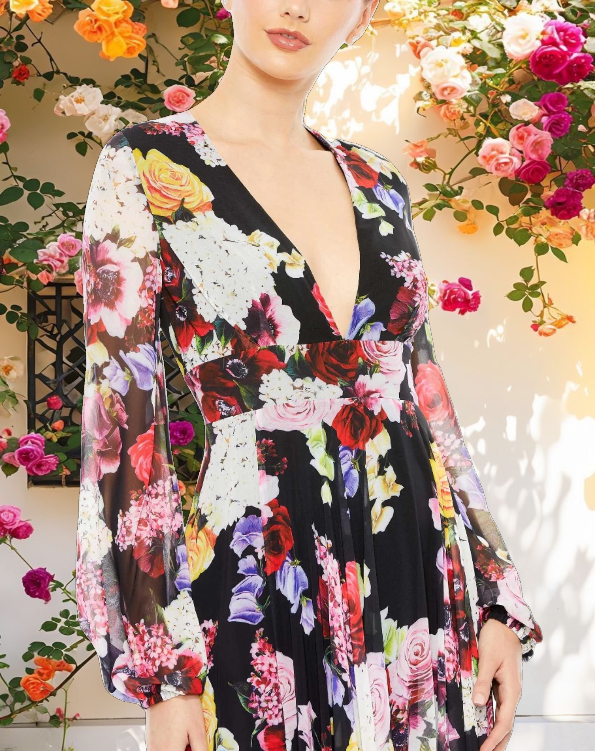 Floral Pattern Long Sleeve V Neck Dress