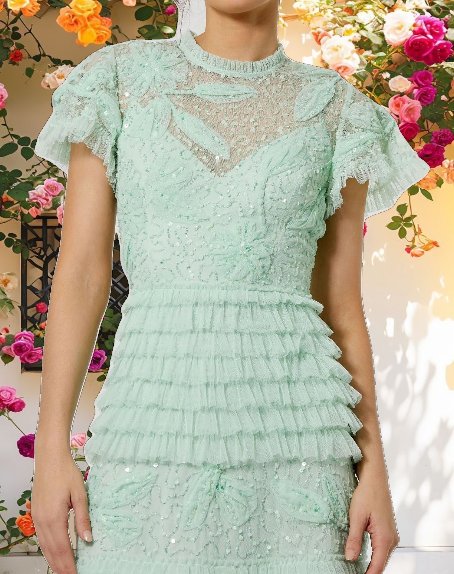 Green Beaded Mesh High Neck Micro Ruffle Gown