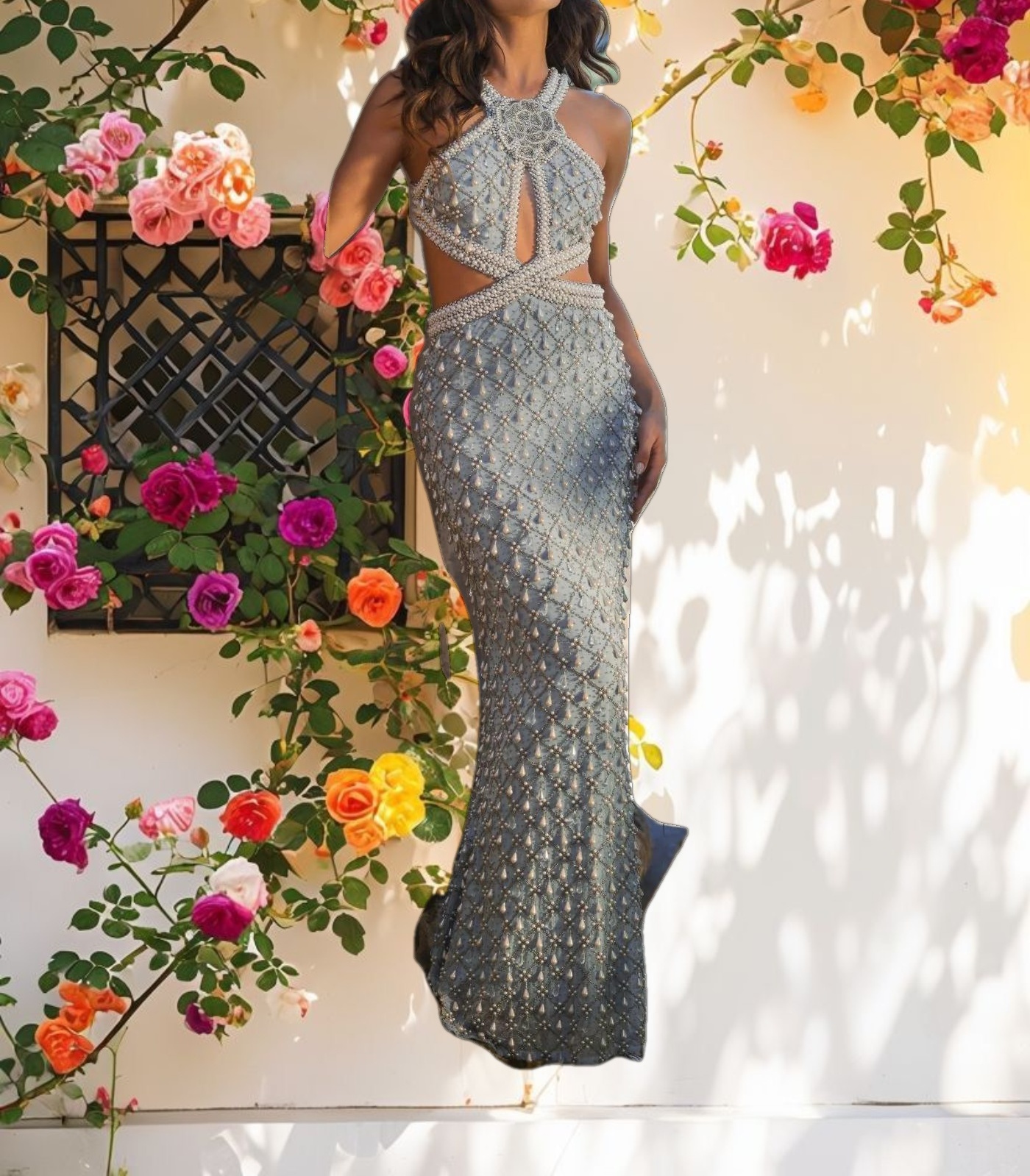 Sleeveless Halter Cutout Embellished Gown