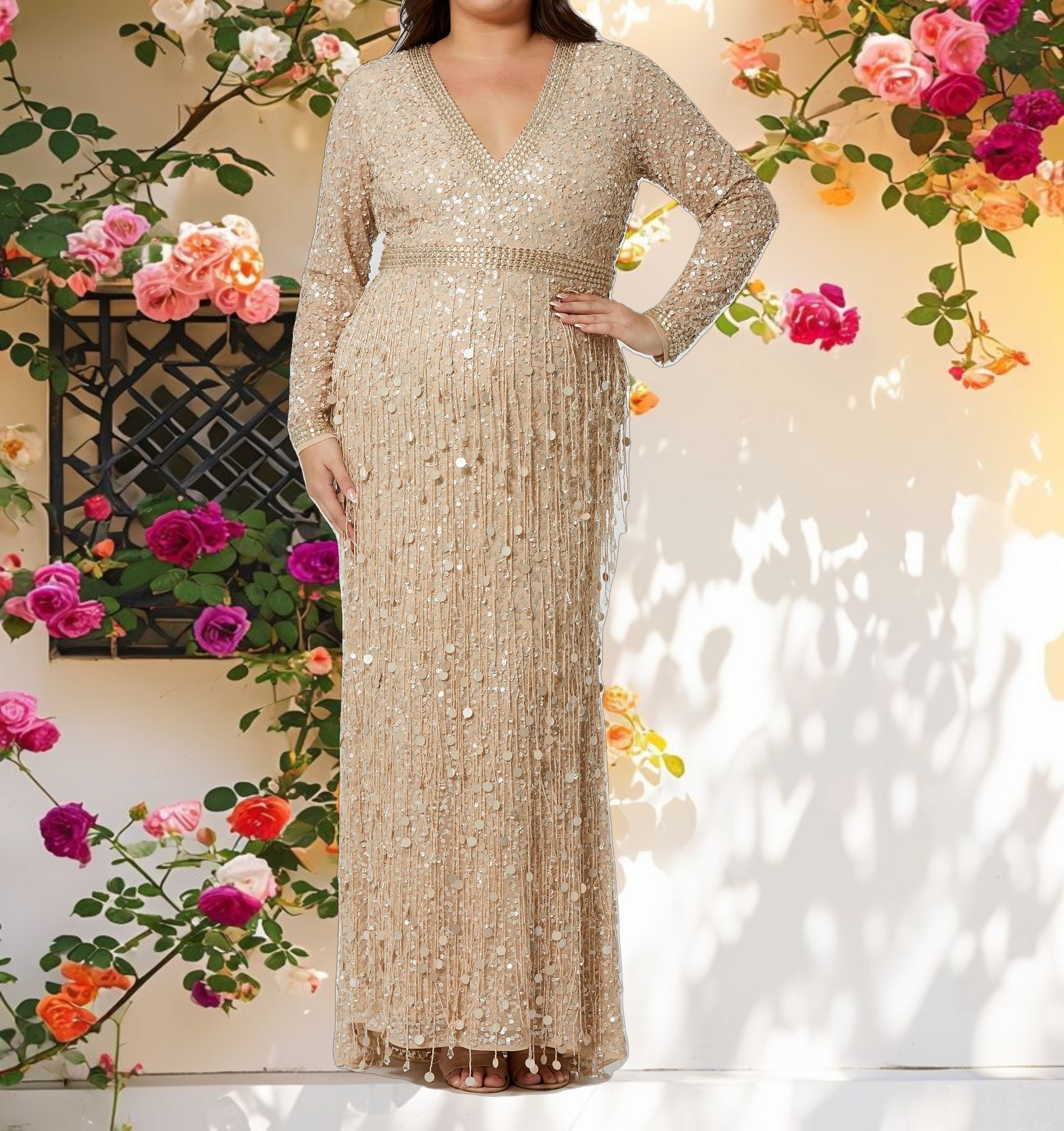 Embellished Fringe Long Sleeve Gown