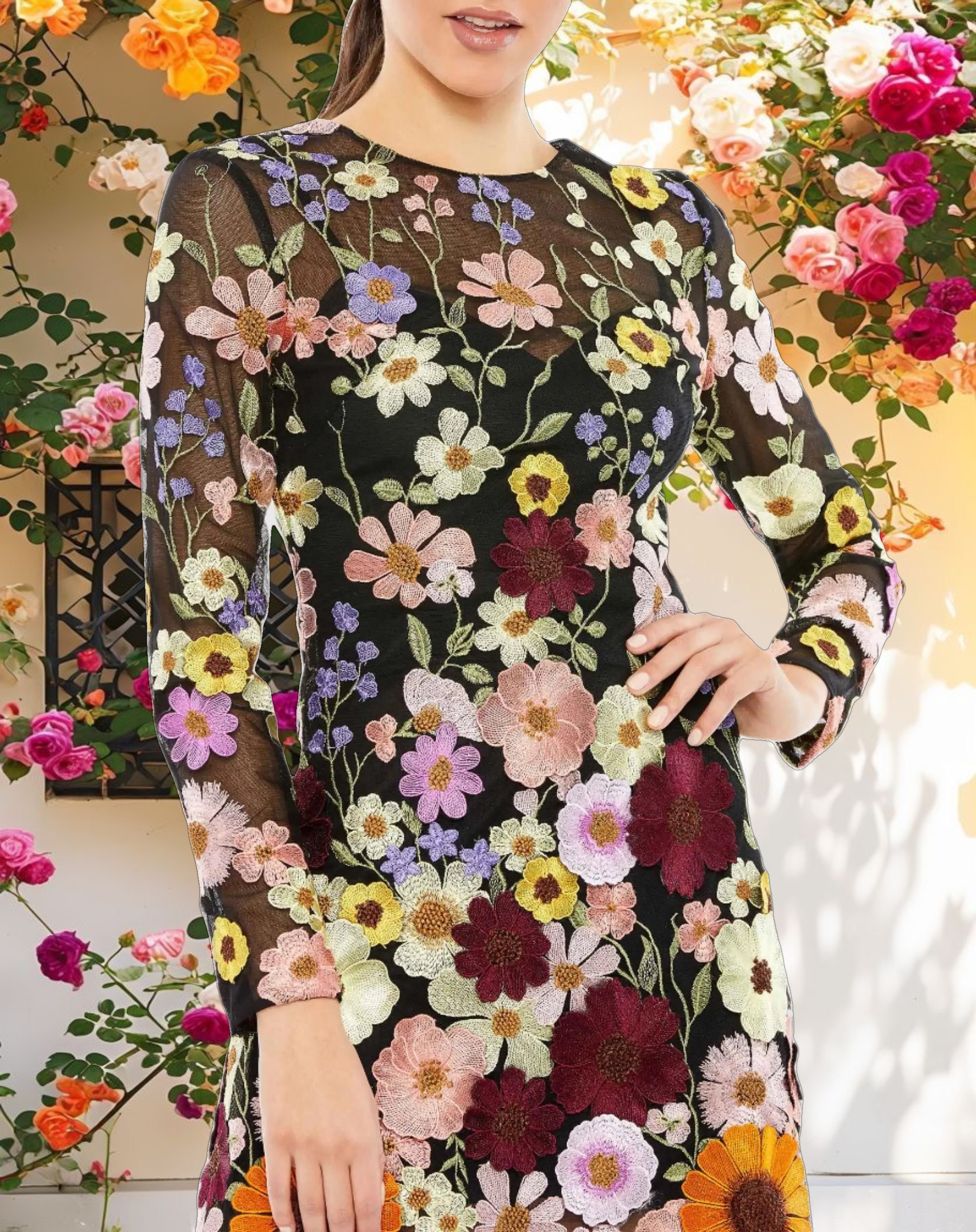 Floral Embroidered Long Sleeve Mini Dress
